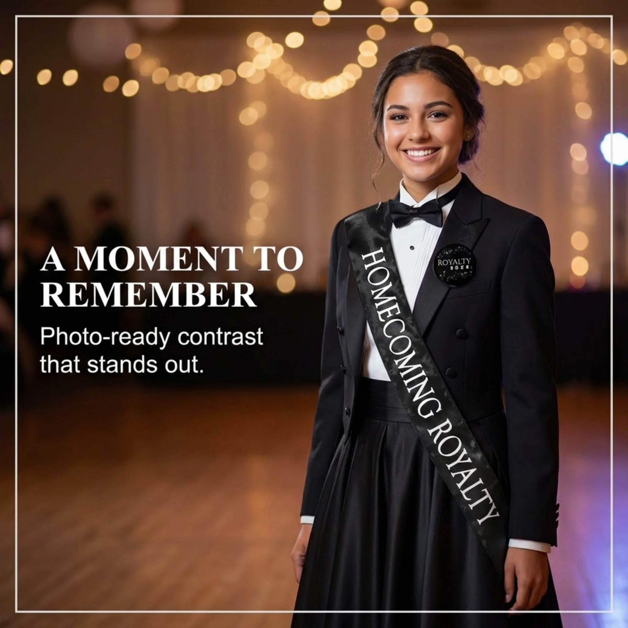 Anderson’s Homecoming Royalty 2026 Court Set with Black & White Satin Sash, Keepsake Button, High School Sash and Button for Homecoming Court, School Dance, Parade, Costume, Event, 2 Piece Set - Image 5