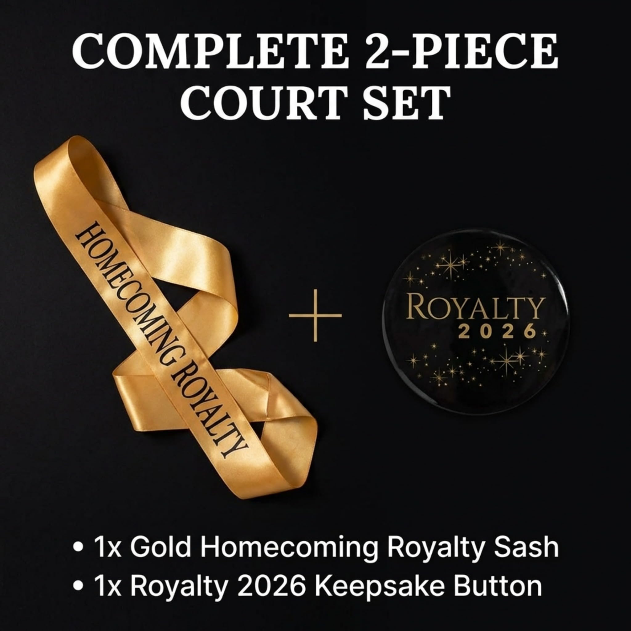 Anderson’s Homecoming Royalty 2026 Court Set with Gold & Black Satin Sash, Keepsake Button, High School Sash and Button for Homecoming Court, School Dance, Parade, Costume, Event, 2 Piece Set - Image 4