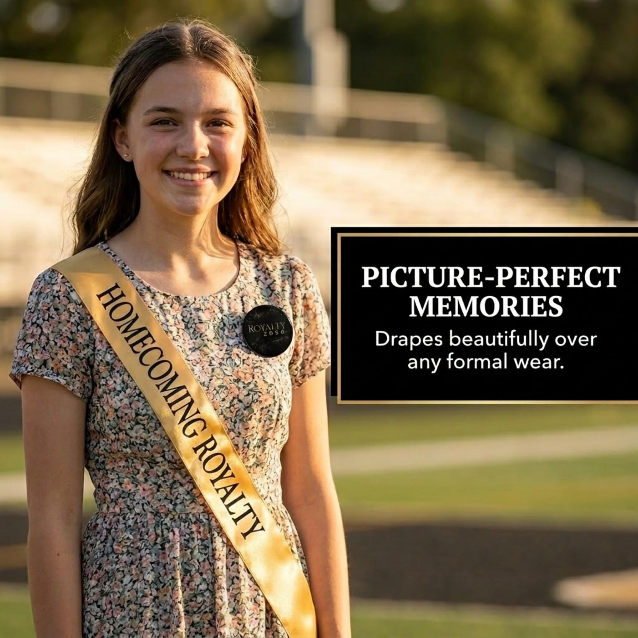 Anderson’s Homecoming Royalty 2026 Court Set with Gold & Black Satin Sash, Keepsake Button, High School Sash and Button for Homecoming Court, School Dance, Parade, Costume, Event, 2 Piece Set - Image 8