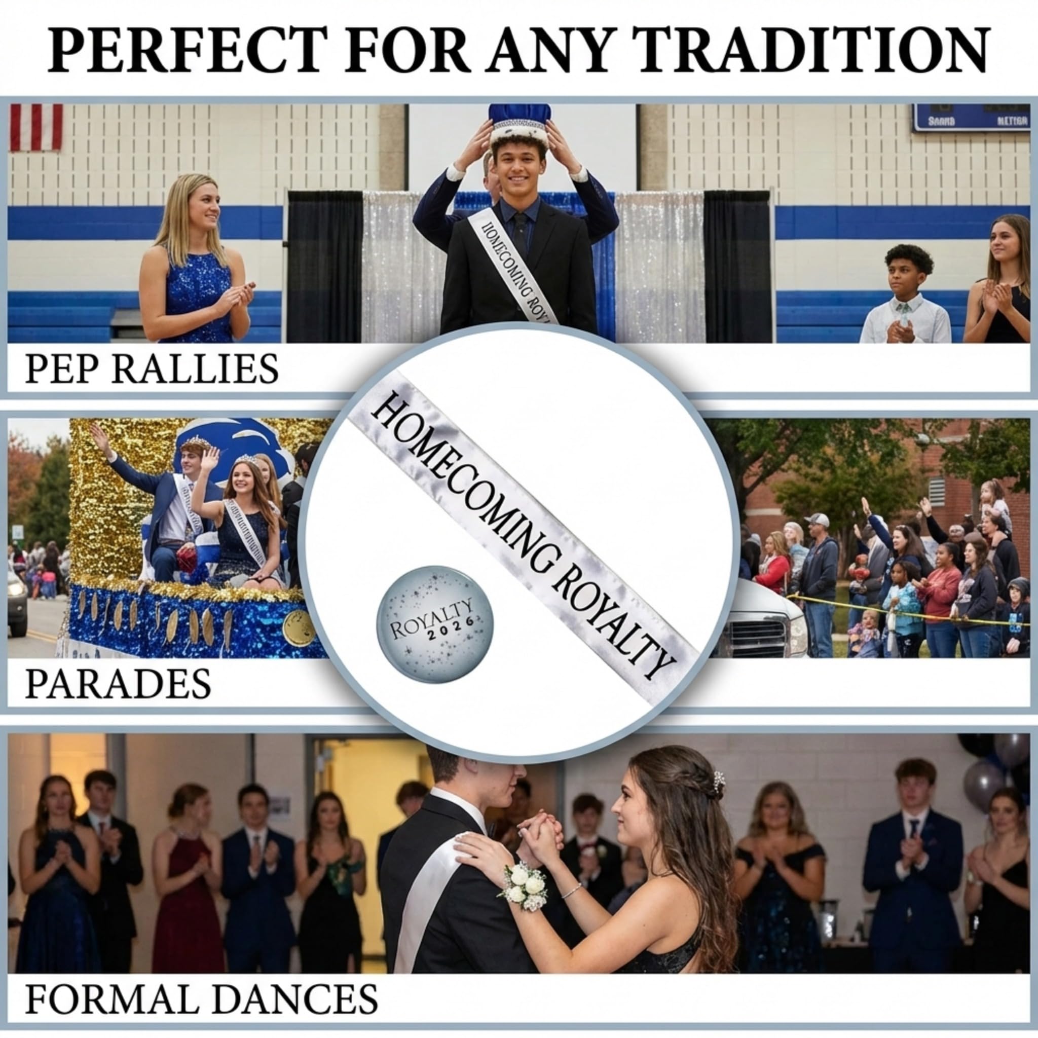 Anderson’s Homecoming Royalty 2026 Court Set with Silver & Black Satin Sash, Silver Keepsake Button, High School Sash & Button for Homecoming Court, School Dance, Parade, Costume, Event, 2 Piece Set - Image 6