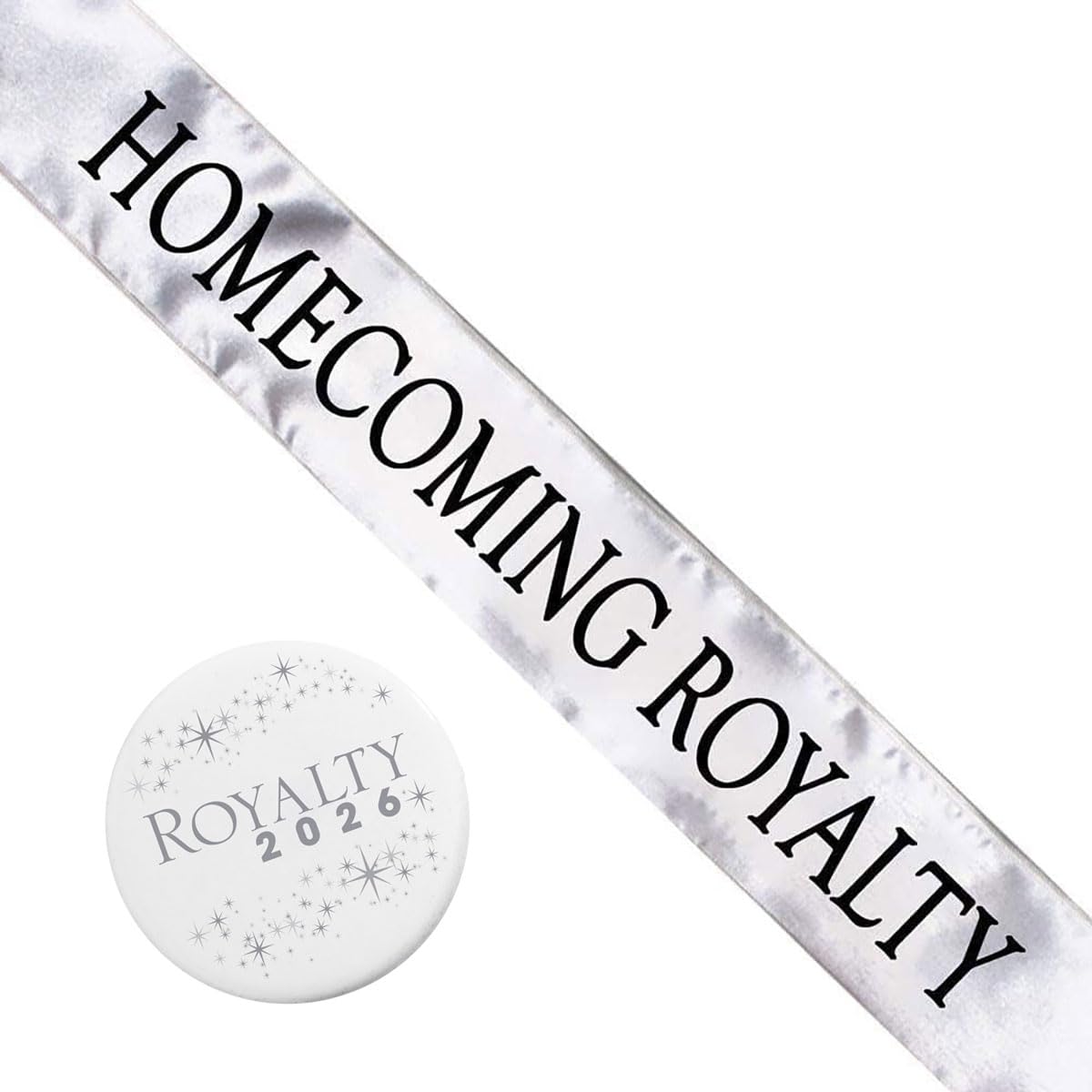 Anderson’s Homecoming Royalty 2026 Court Set with Silver & Black Satin Sash, White Keepsake Button, High School Sash & Button for Homecoming Court, School Dance, Parade, Costume, Event, 2 Piece Set