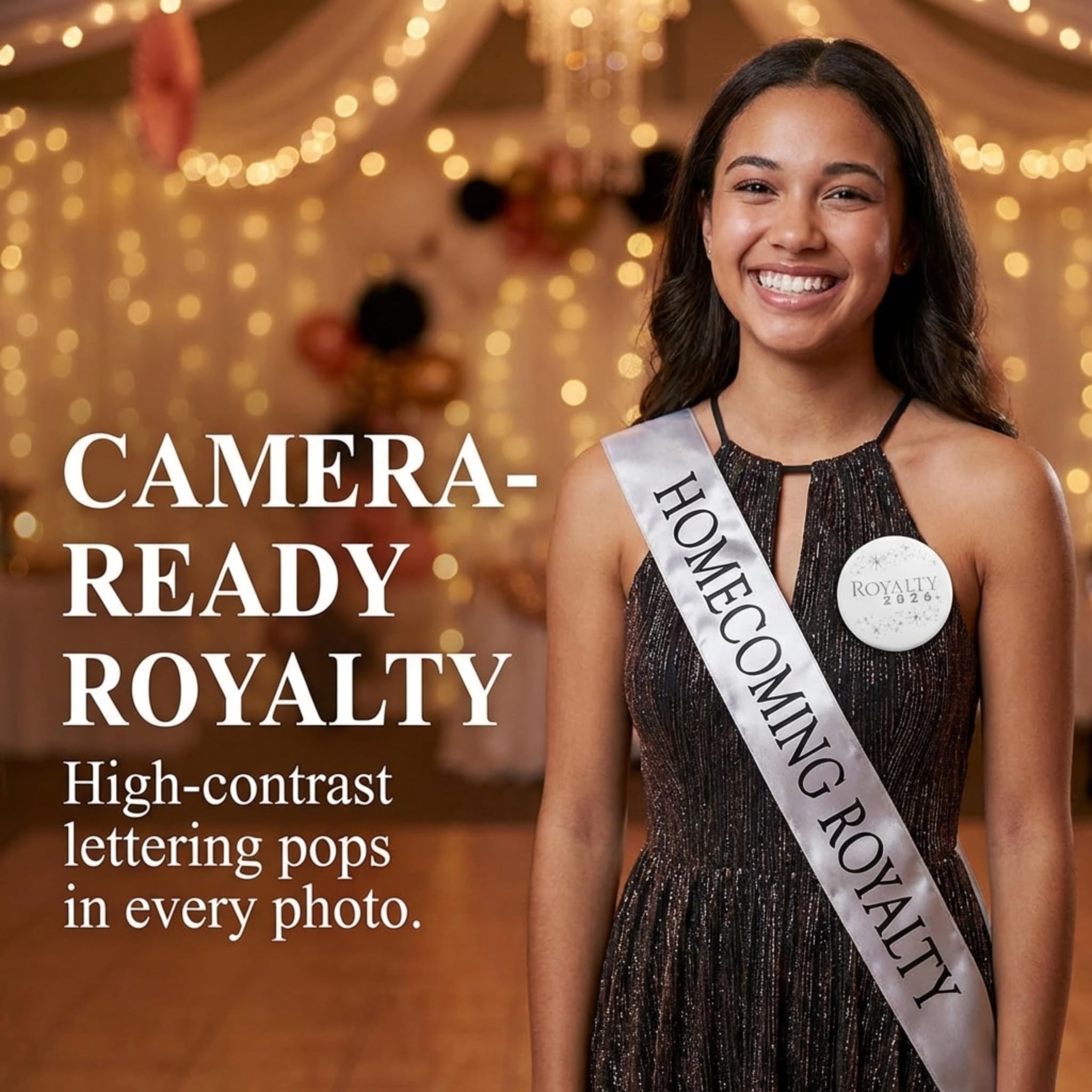 Anderson’s Homecoming Royalty 2026 Court Set with Silver & Black Satin Sash, White Keepsake Button, High School Sash & Button for Homecoming Court, School Dance, Parade, Costume, Event, 2 Piece Set - Image 4