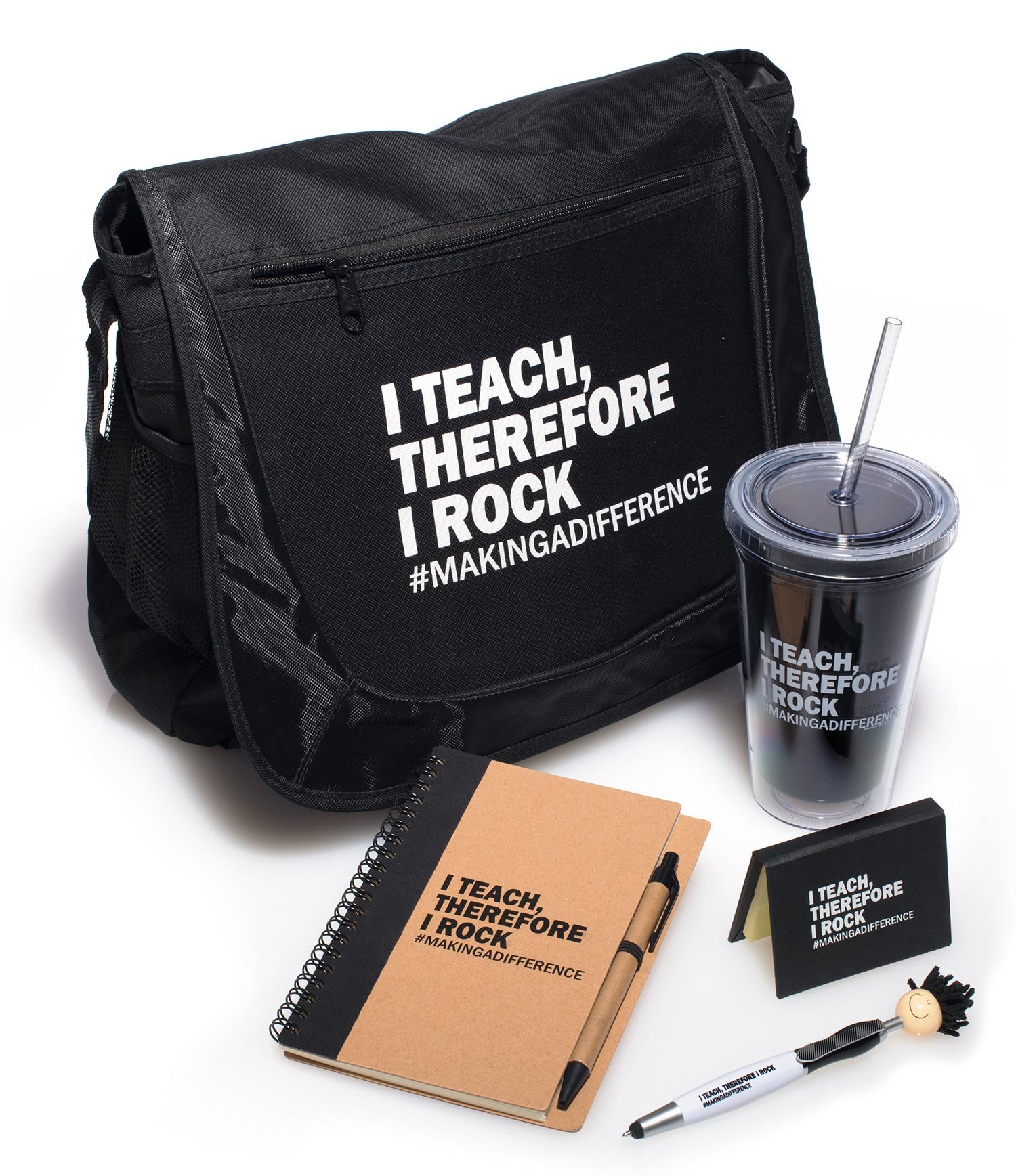 Anderson's I Teach Therefore I Rock 5-Piece Teacher Gift Set, Messenger Bag, Notebook, Tumbler, Sticky Notes & Pen – Teacher Appreciation for Elementary, Middle, High School & College Educators