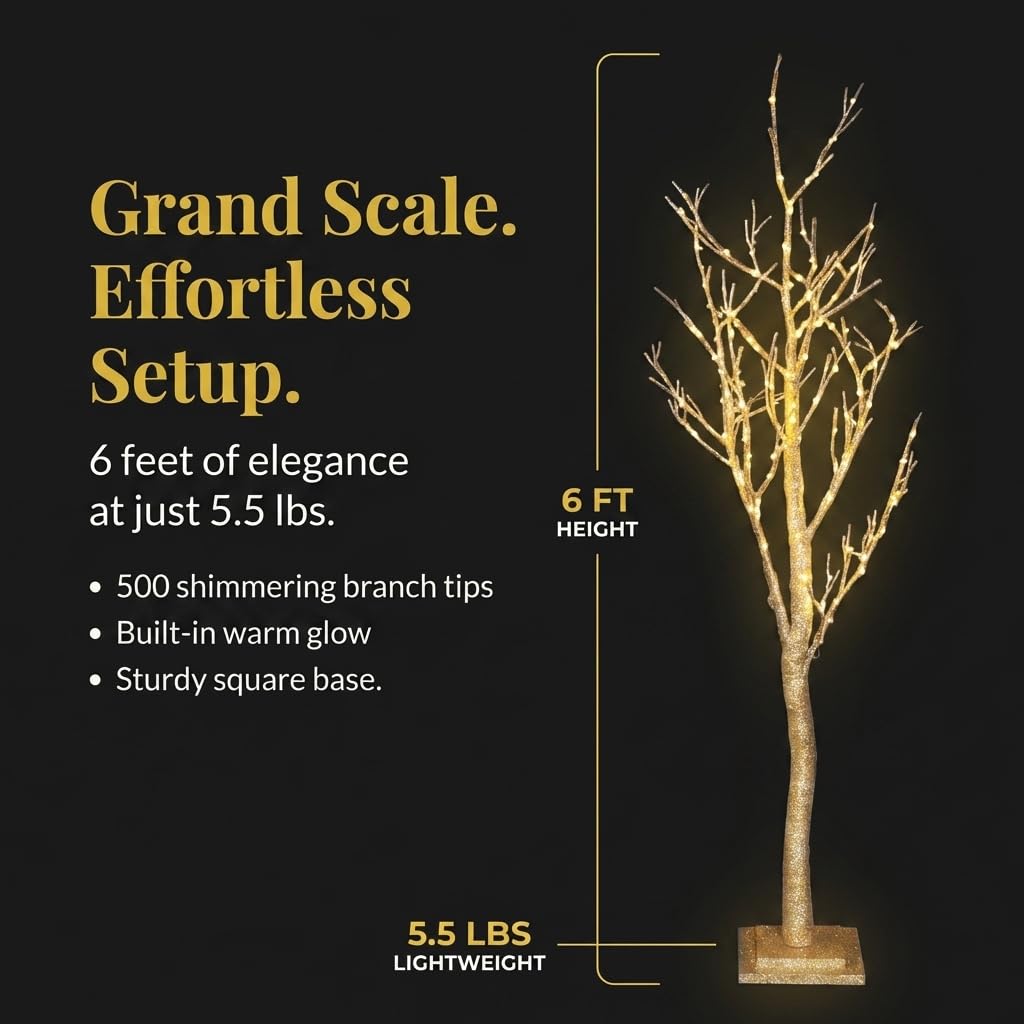 Anderson’s Lighted Artificial Large Gold Glitter Tree, 6' Indoor/Outdoor Sparkling Decoration for Weddings, Holidays, Parties, Corporate Events, and Photo Booth Backdrops - Image 2