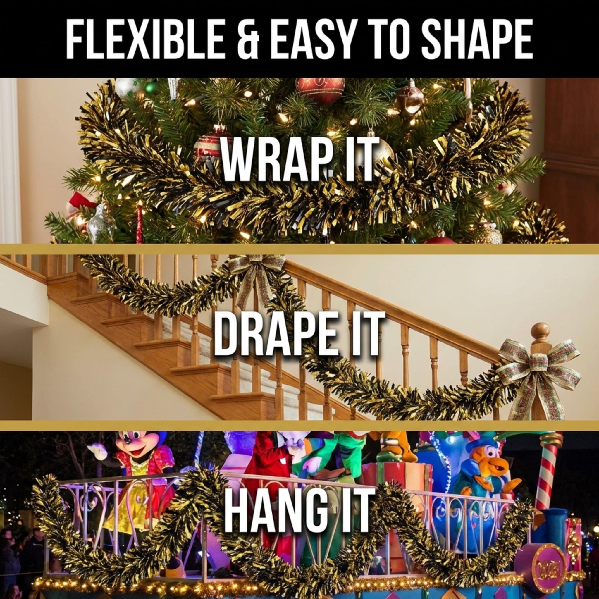 Anderson's Metallic Black & Gold Tinsel Twist Garland, 25ft Holiday Decoration, Christmas Tree Trim, Parade Float Decor, Party Supplies, Halloween, Graduation, Indoor Outdoor Event Garland - Image 5