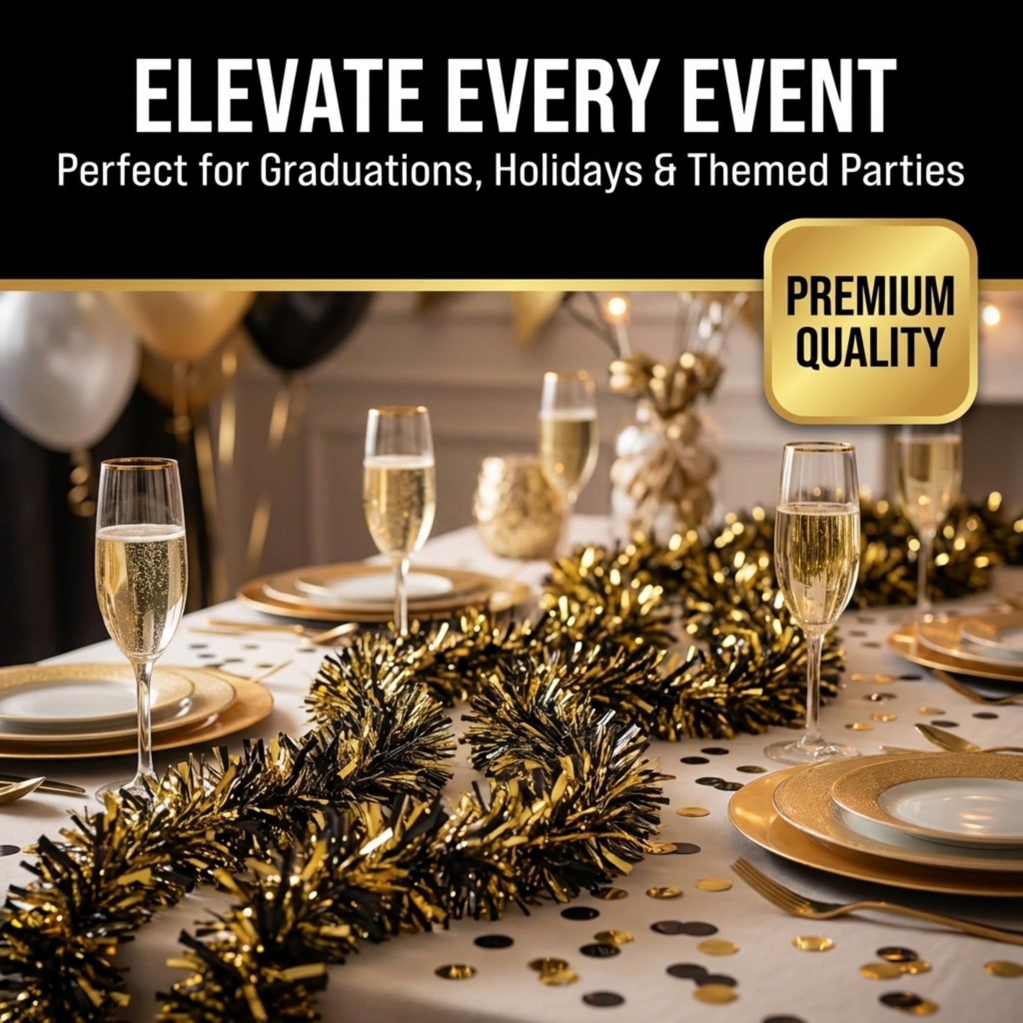 Anderson's Metallic Black & Gold Tinsel Twist Garland, 25ft Holiday Decoration, Christmas Tree Trim, Parade Float Decor, Party Supplies, Halloween, Graduation, Indoor Outdoor Event Garland - Image 6