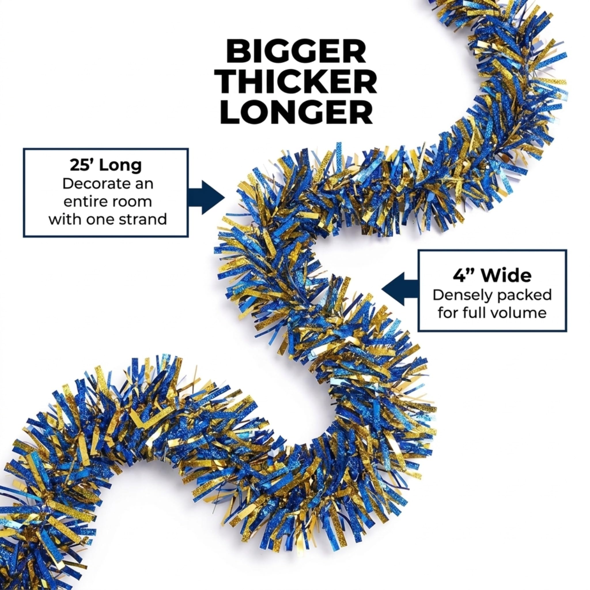Anderson's Metallic Blue & Gold Tinsel Twist Garland, 25ft Holiday Decoration, Christmas Tree Trim, Parade Float Decor, Party Supplies, Halloween, Graduation, Indoor Outdoor Event Garland - Image 3