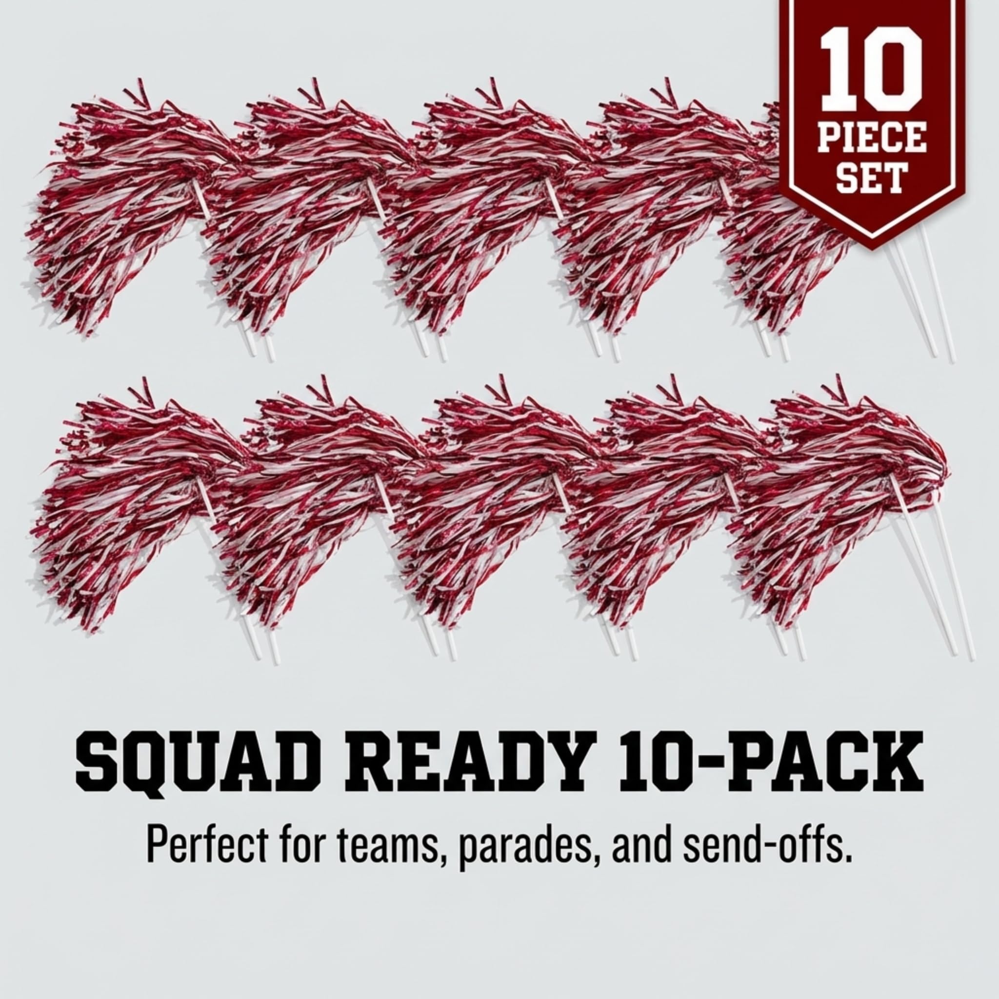 Anderson's Metallic Maroon and White Foil Textured School Spirit Shakers, Cheerleader Pom Poms, Football, Basketball, Homecoming Squad, Team, Party, Dance, Club, Performance, Celebration Pack of 10 - Image 8