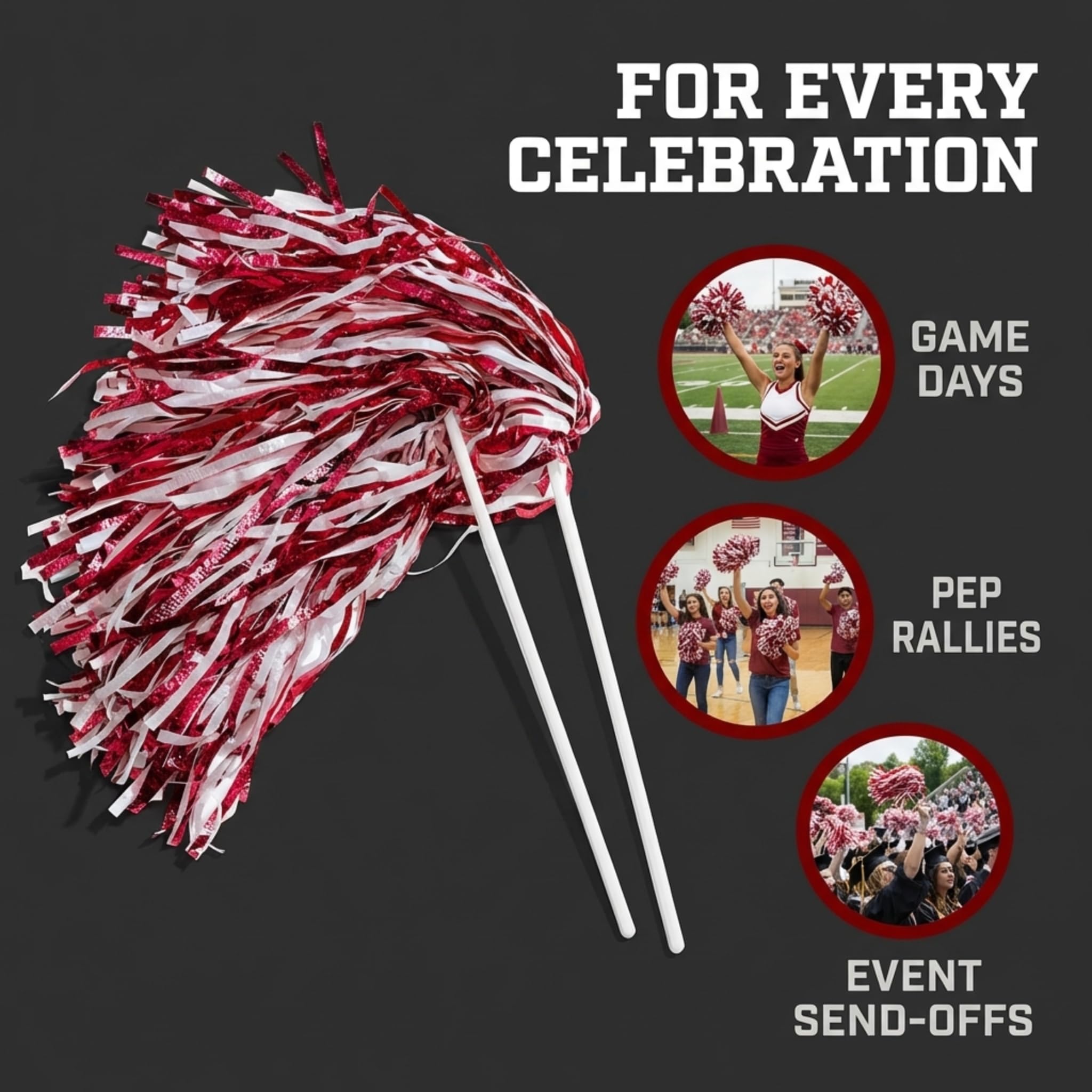 Anderson's Metallic Maroon and White Foil Textured School Spirit Shakers, Cheerleader Pom Poms, Football, Basketball, Homecoming Squad, Team, Party, Dance, Club, Performance, Celebration Pack of 10 - Image 9