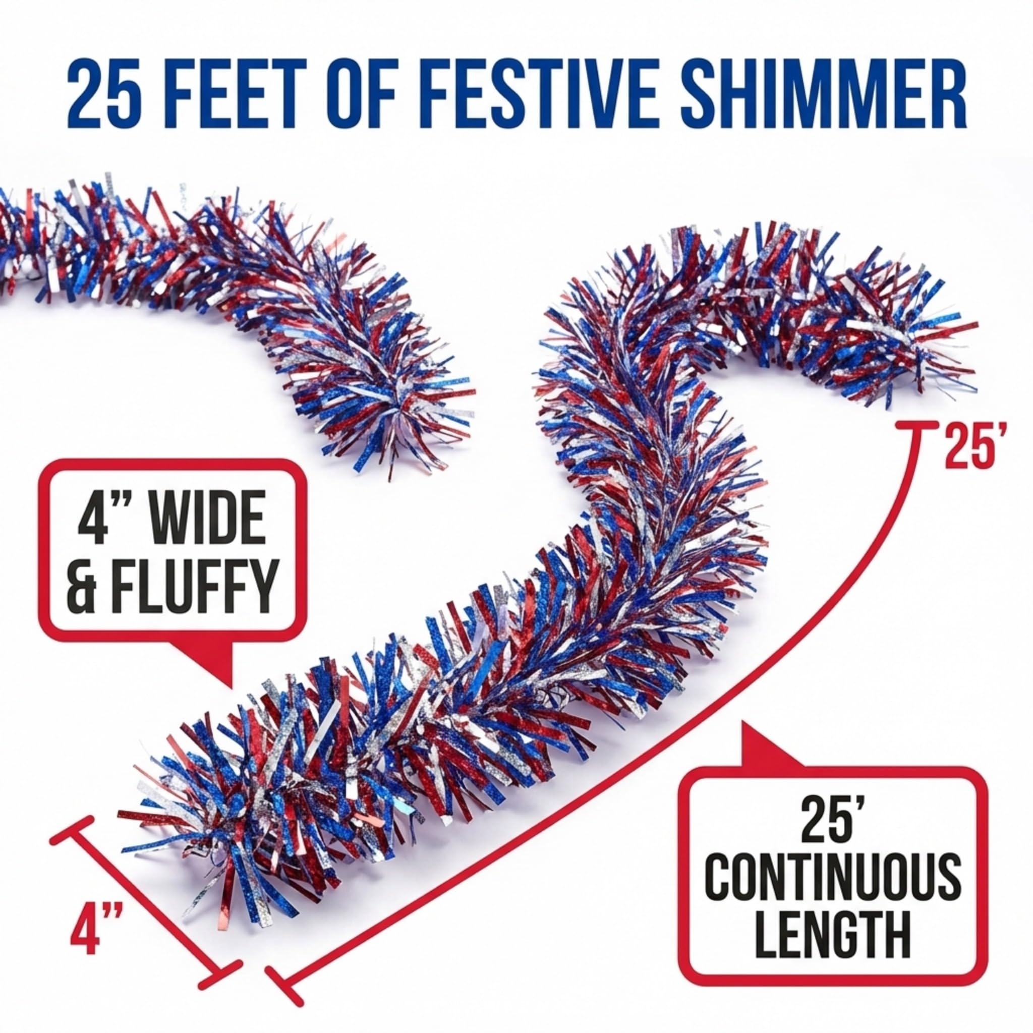 Anderson's Metallic Red, Blue & Silver Sparkle Glitter Tinsel Twist Garland, 25ft Holiday Decoration, Christmas Tree Trim, Parade Float Decor, Party Supplies, Graduation, Event Garland - Image 5
