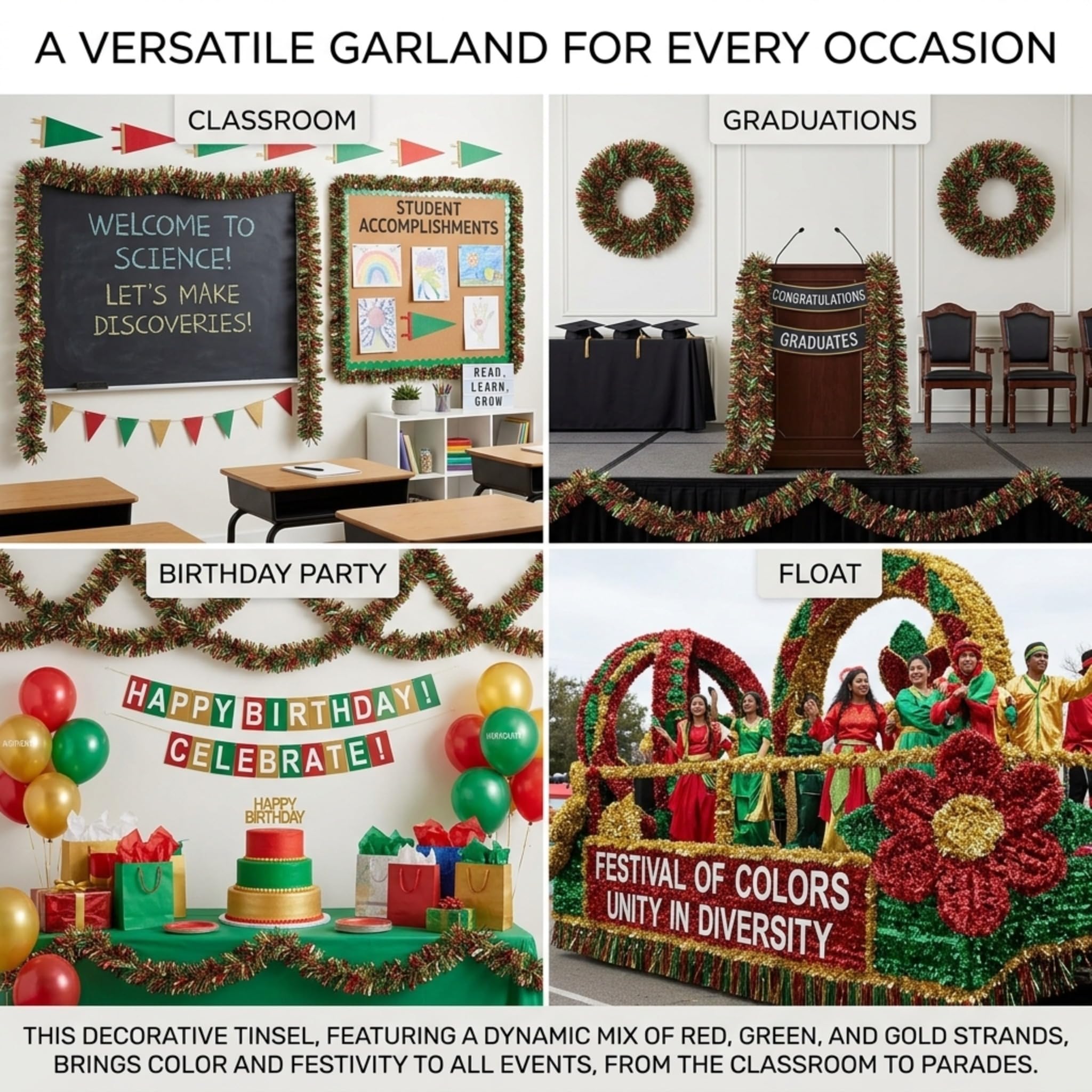 Anderson's Metallic Red, Green & Gold Tinsel Twist Garland, 25ft Holiday Decoration, Christmas Tree Trim, Parade Float Decor, Party Supplies, Halloween, Graduation, Indoor/Outdoor Event Garland - Image 2