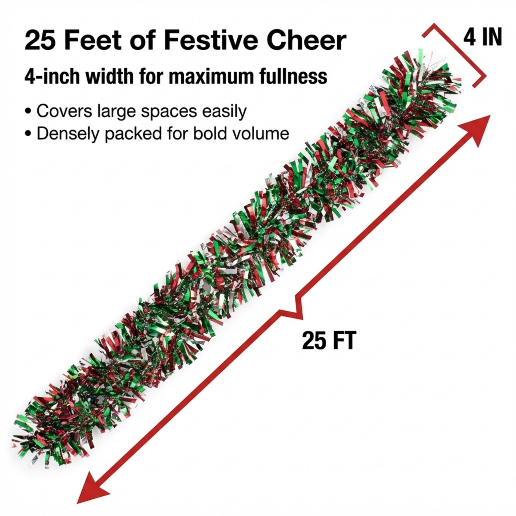 Anderson's Metallic Red, Green & Silver Tinsel Twist Garland, 25ft Holiday Decoration, Christmas Tree Trim, Parade Float Decor, Party Supplies, Halloween, Graduation, Indoor/Outdoor Event Garland - Image 4