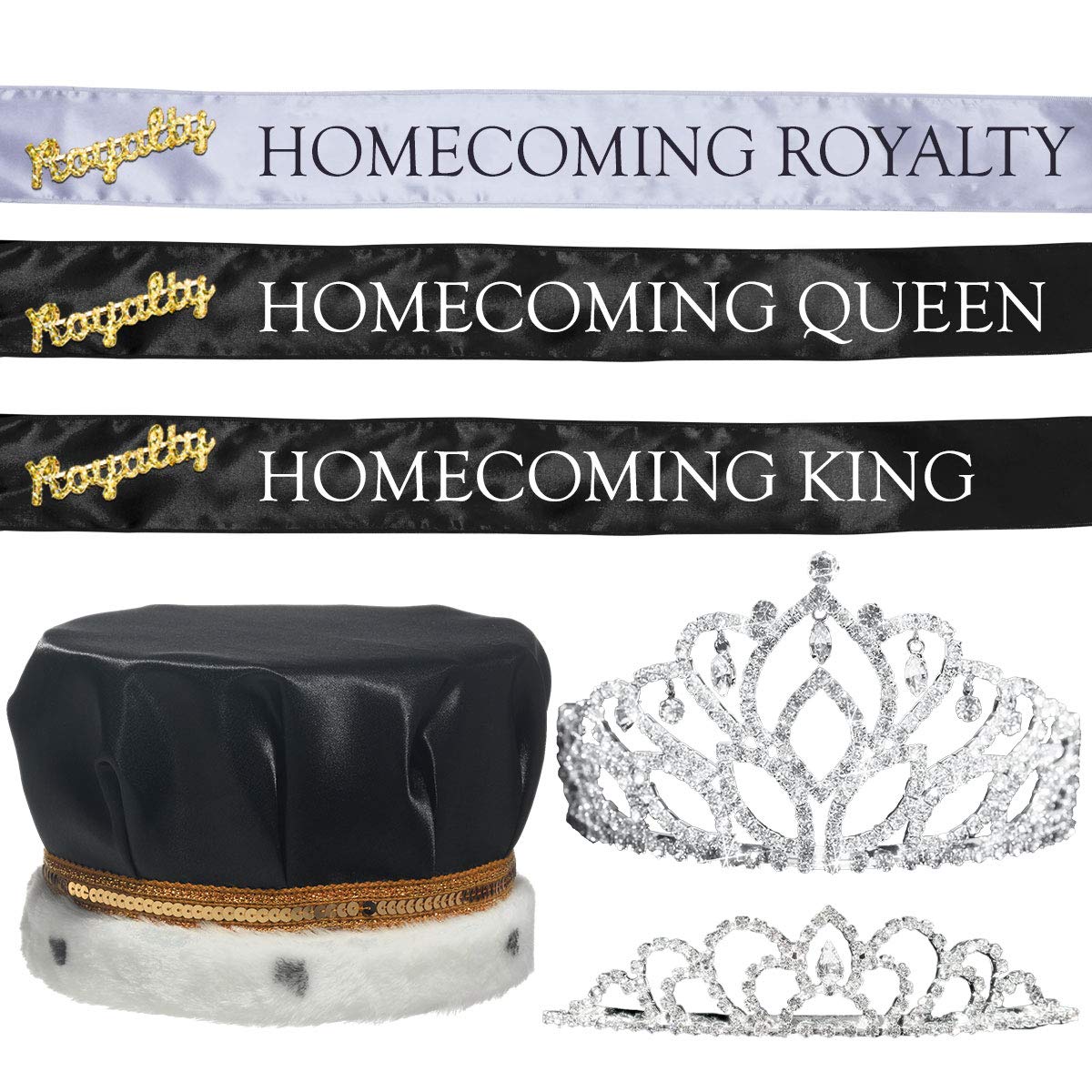 Anderson's Mirabella/Sissy Homecoming Royalty Set, Black/Silver Crown, Sashes, Pins, Homecoming Sashes For High School Dance King, Queen, Homecoming Court