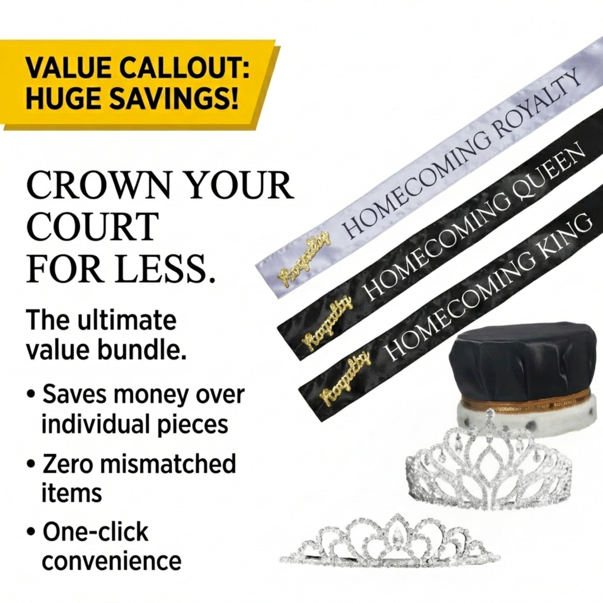 Anderson's Mirabella/Sissy Homecoming Royalty Set, Black/Silver Crown, Sashes, Pins, Homecoming Sashes For High School Dance King, Queen, Homecoming Court - Image 5