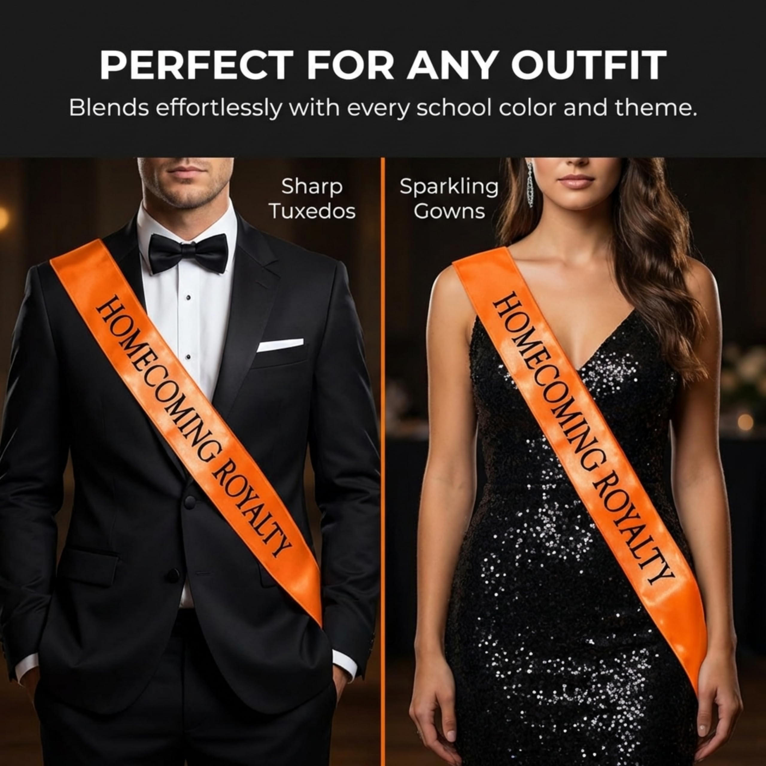 Anderson's Orange Satin Homecoming Royalty Sash Set, Elegant 3" x 72" Sashes with Black Imprint for Homecoming Night Coronation and School Events, 2‑Piece Set - Image 5