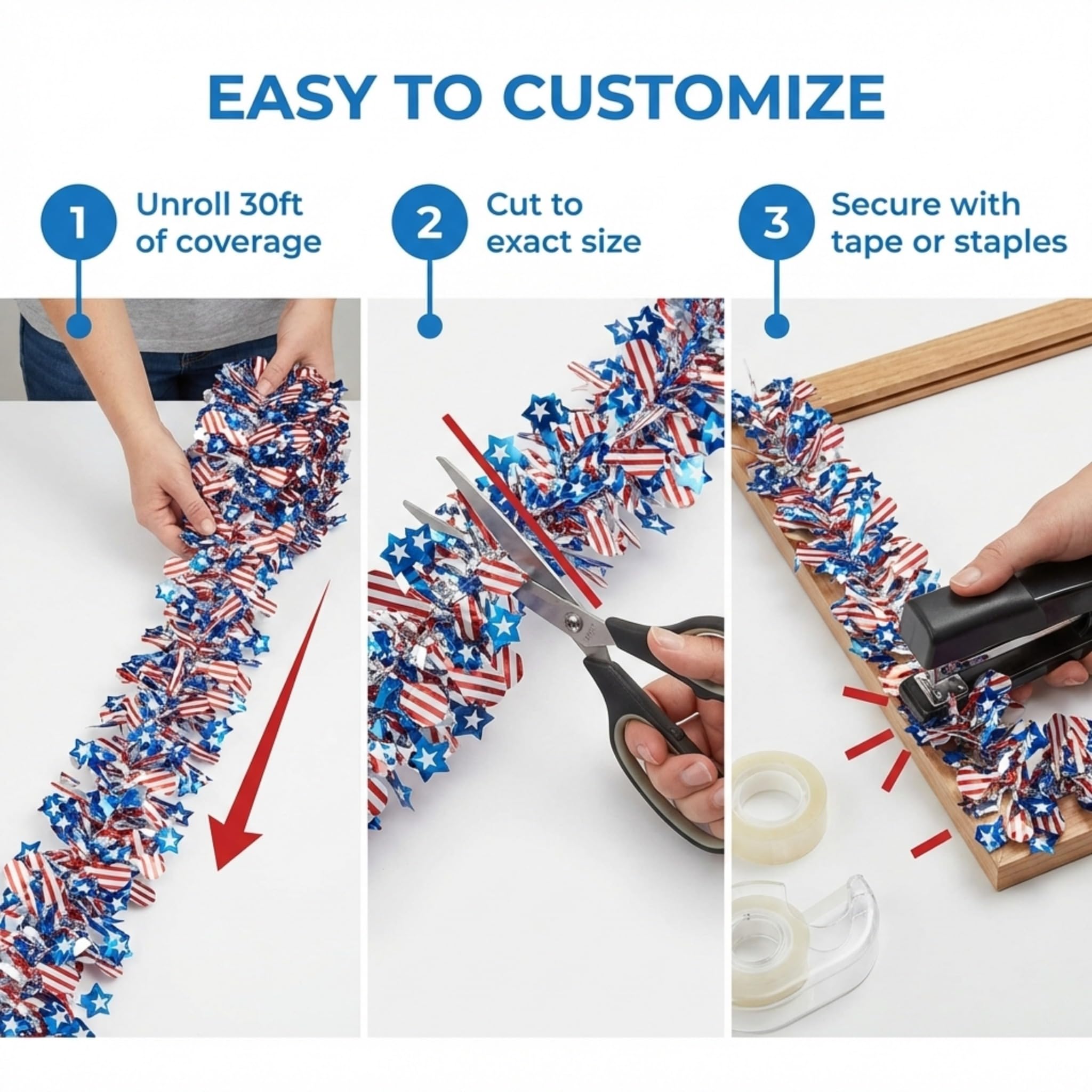 Anderson’s Patriotic Metallic Floral Sheeting, 30' PVC Roll, Red, White & Blue Stars and Stripes for Parade Floats, July 4th, Memorial Day, Veterans Day, School Spirit, Wedding & Event Decorations - Image 5