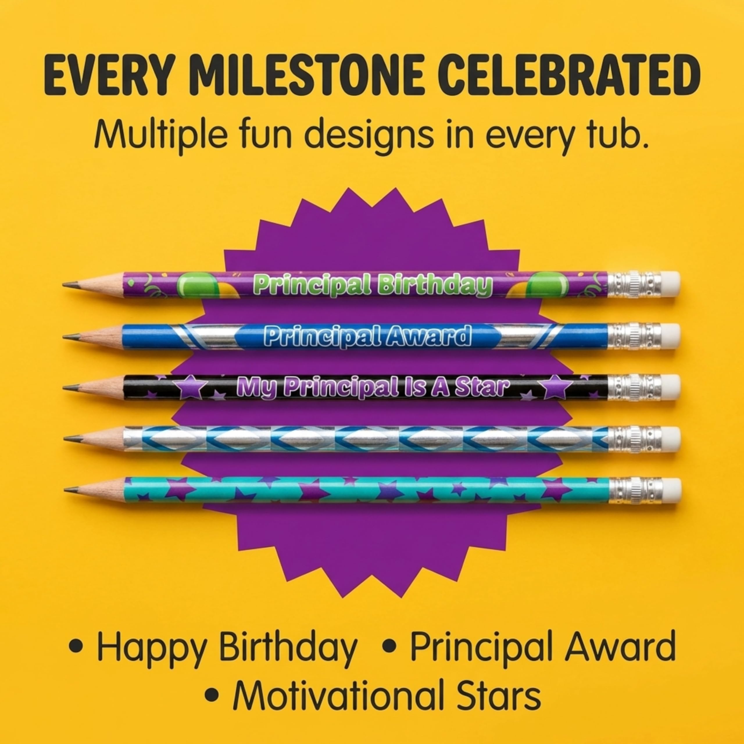 Anderson's Principal Designs Pencil Tub, Fun & Colorful Pencils, Perfect for School Supplies, Classroom Rewards, Creative Writing, Party Favors, and Motivational Gifts, Set of 144 - Image 5
