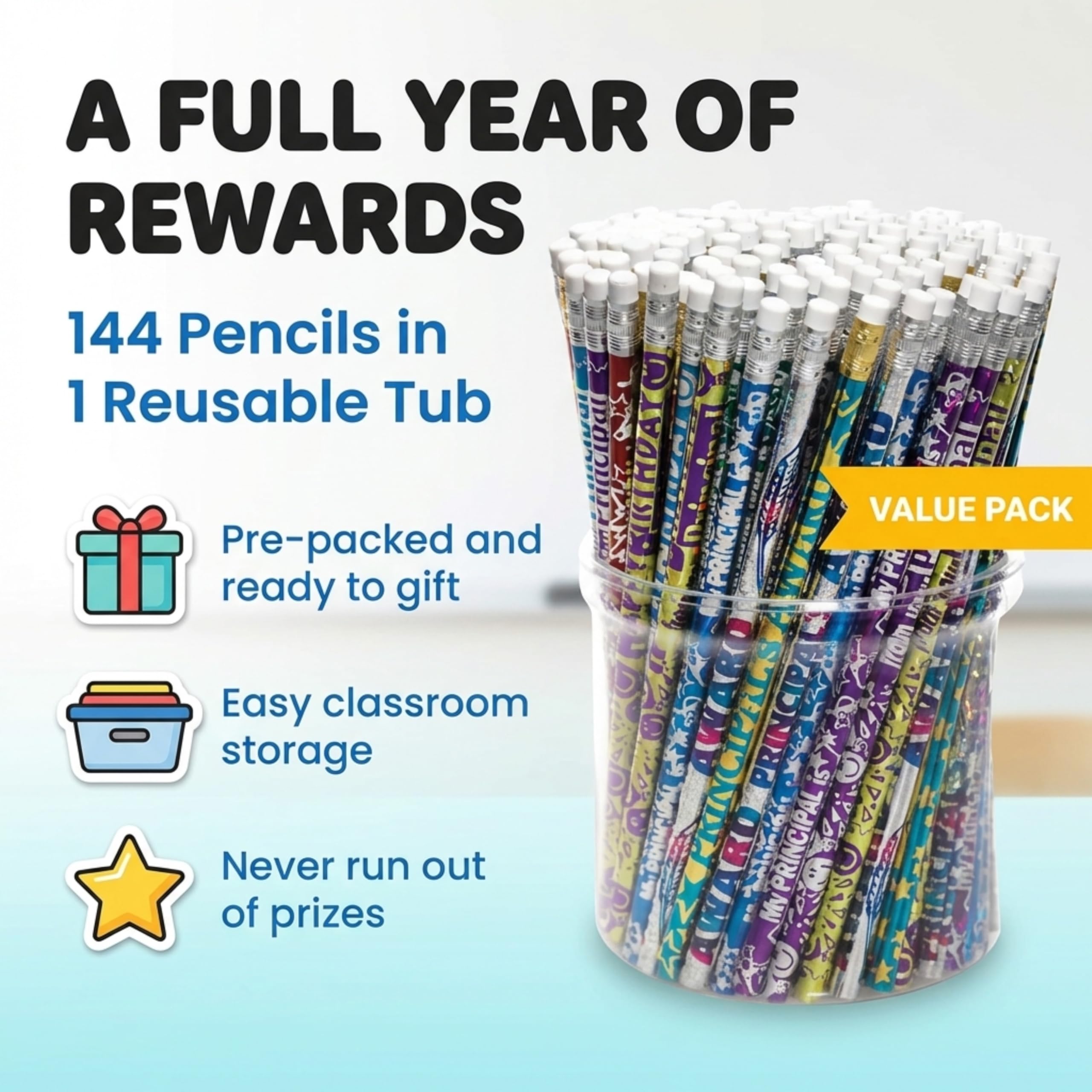 Anderson's Principal Designs Pencil Tub, Fun & Colorful Pencils, Perfect for School Supplies, Classroom Rewards, Creative Writing, Party Favors, and Motivational Gifts, Set of 144 - Image 7