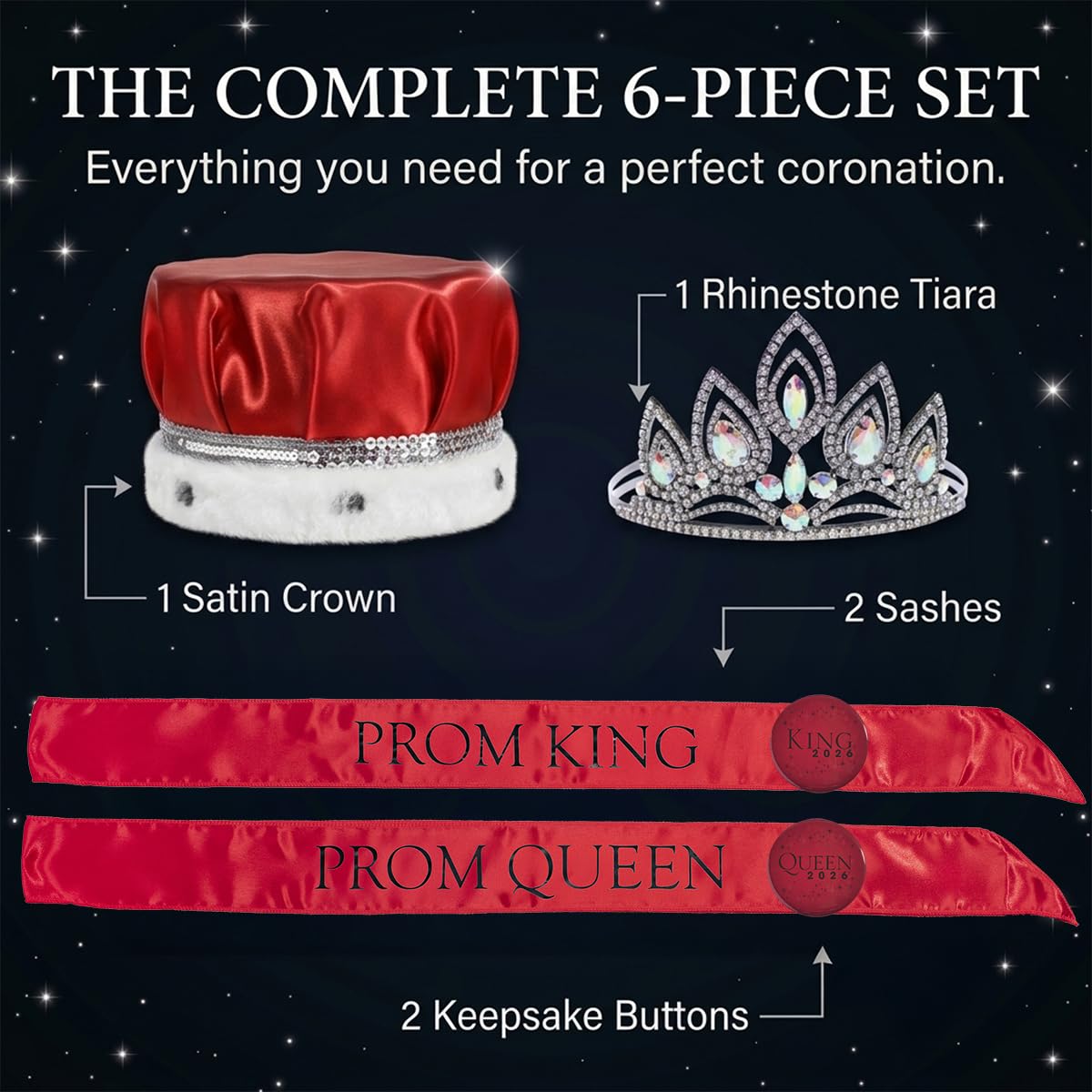 Anderson's Prom 2023 Royalty Set with Elizabeth Tiara, Red Crown, Red Sashes, and Red Buttons, High School, Prom Sashes for Prom Court, High School Dance, Party, Costume, Event - Image 3
