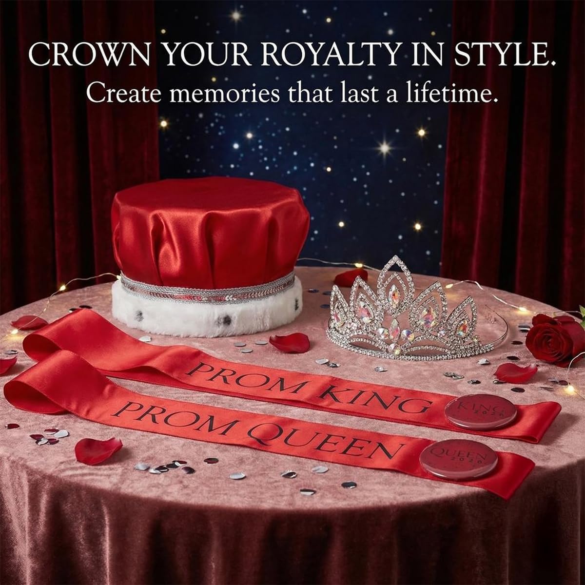Anderson's Prom 2023 Royalty Set with Elizabeth Tiara, Red Crown, Red Sashes, and Red Buttons, High School, Prom Sashes for Prom Court, High School Dance, Party, Costume, Event - Image 7