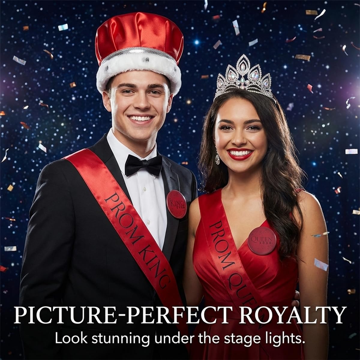 Anderson's Prom 2023 Royalty Set with Elizabeth Tiara, Red Crown, Red Sashes, and Red Buttons, High School, Prom Sashes for Prom Court, High School Dance, Party, Costume, Event - Image 8