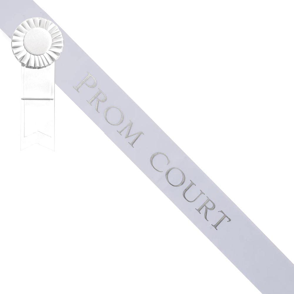 Anderson’s Prom Court White Satin Sash with Silver Imprint and Matching Rosette, 3" x 72" Prom Royalty Sash for High School Prom Coronation, Elegant Accessories for Prom Court & Formal Events