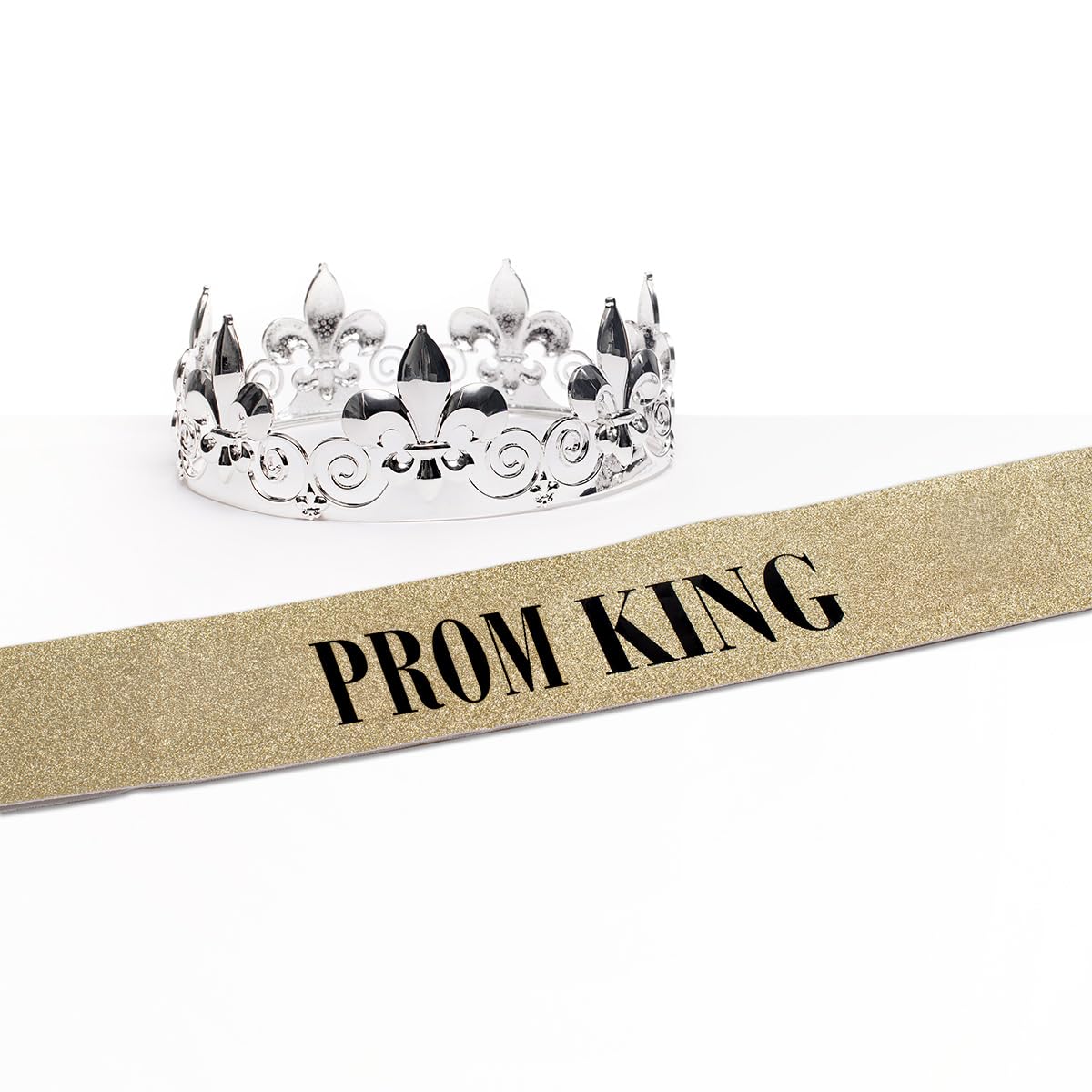 Anderson's Prom King Crown and Gold Glitter Sash Set, Silver Fleur-de-Lis King’s Crown & 3.75" x 62" Mess-Free Glitter Sash with Black Lettering for High School Coronation & Formal Events, 2 Piece Set