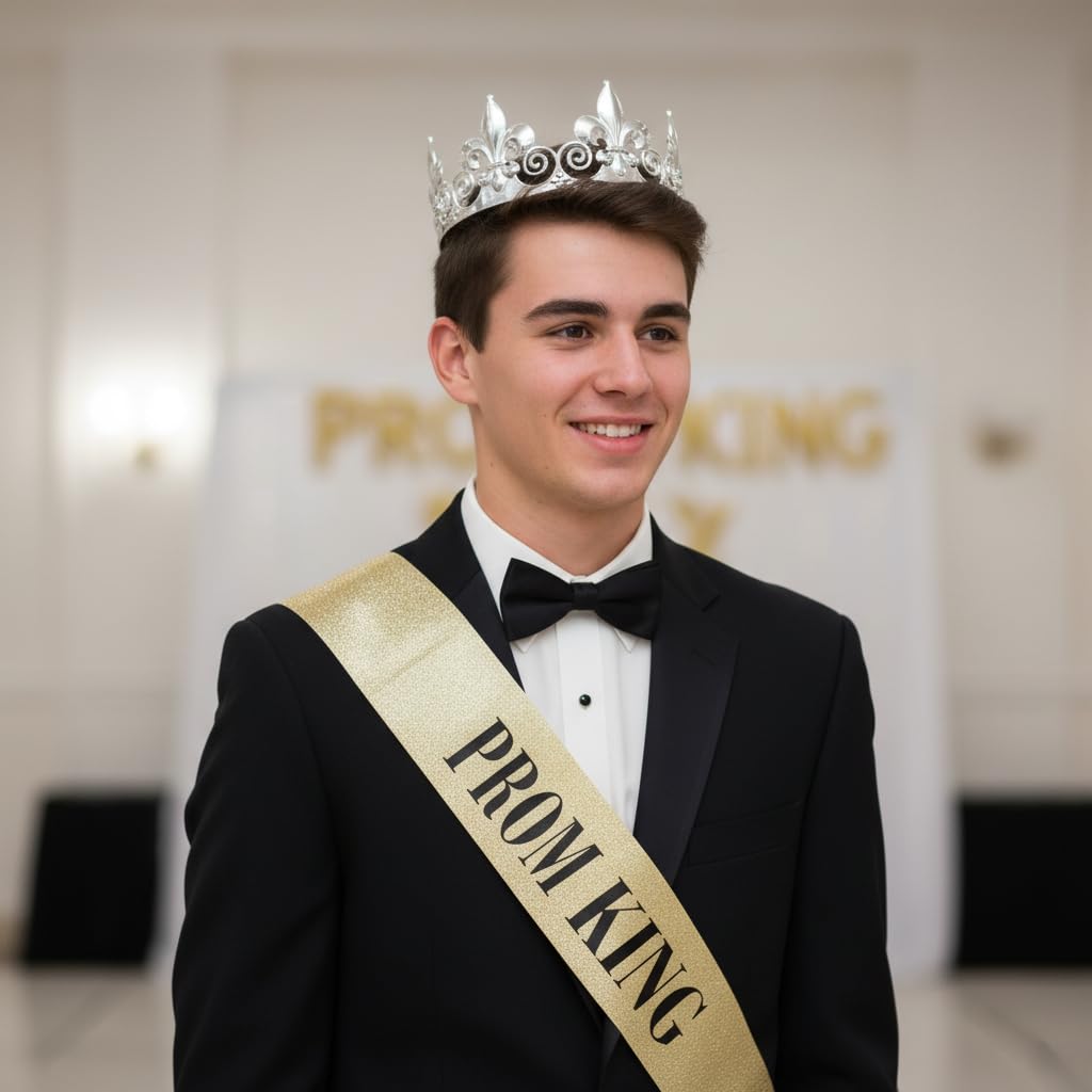 Anderson's Prom King Crown and Gold Glitter Sash Set, Silver Fleur-de-Lis King’s Crown & 3.75" x 62" Mess-Free Glitter Sash with Black Lettering for High School Coronation & Formal Events, 2 Piece Set - Image 2