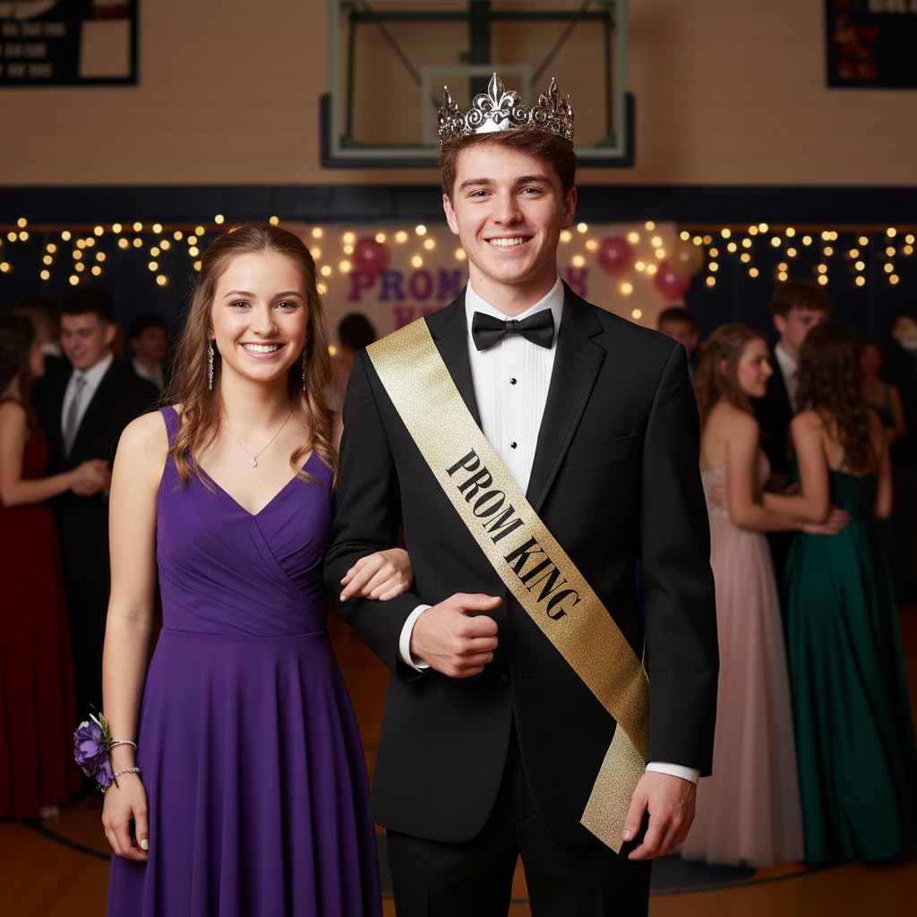 Anderson's Prom King Crown and Gold Glitter Sash Set, Silver Fleur-de-Lis King’s Crown & 3.75" x 62" Mess-Free Glitter Sash with Black Lettering for High School Coronation & Formal Events, 2 Piece Set - Image 3
