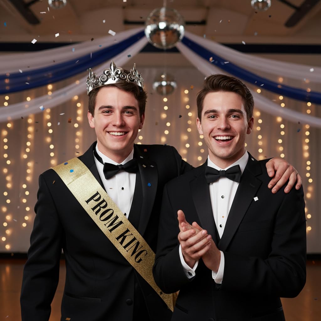 Anderson's Prom King Crown and Gold Glitter Sash Set, Silver Fleur-de-Lis King’s Crown & 3.75" x 62" Mess-Free Glitter Sash with Black Lettering for High School Coronation & Formal Events, 2 Piece Set - Image 4