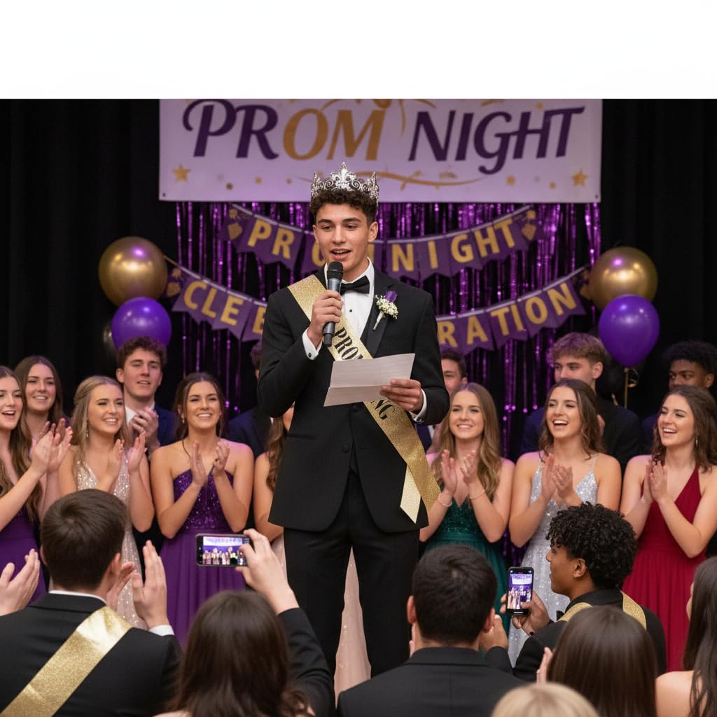 Anderson's Prom King Crown and Gold Glitter Sash Set, Silver Fleur-de-Lis King’s Crown & 3.75" x 62" Mess-Free Glitter Sash with Black Lettering for High School Coronation & Formal Events, 2 Piece Set - Image 5