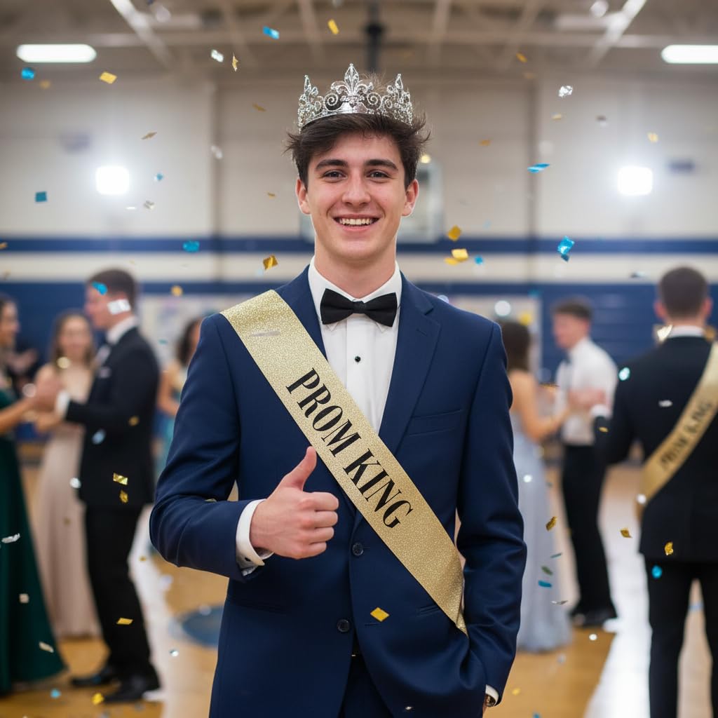 Anderson's Prom King Crown and Gold Glitter Sash Set, Silver Fleur-de-Lis King’s Crown & 3.75" x 62" Mess-Free Glitter Sash with Black Lettering for High School Coronation & Formal Events, 2 Piece Set - Image 6