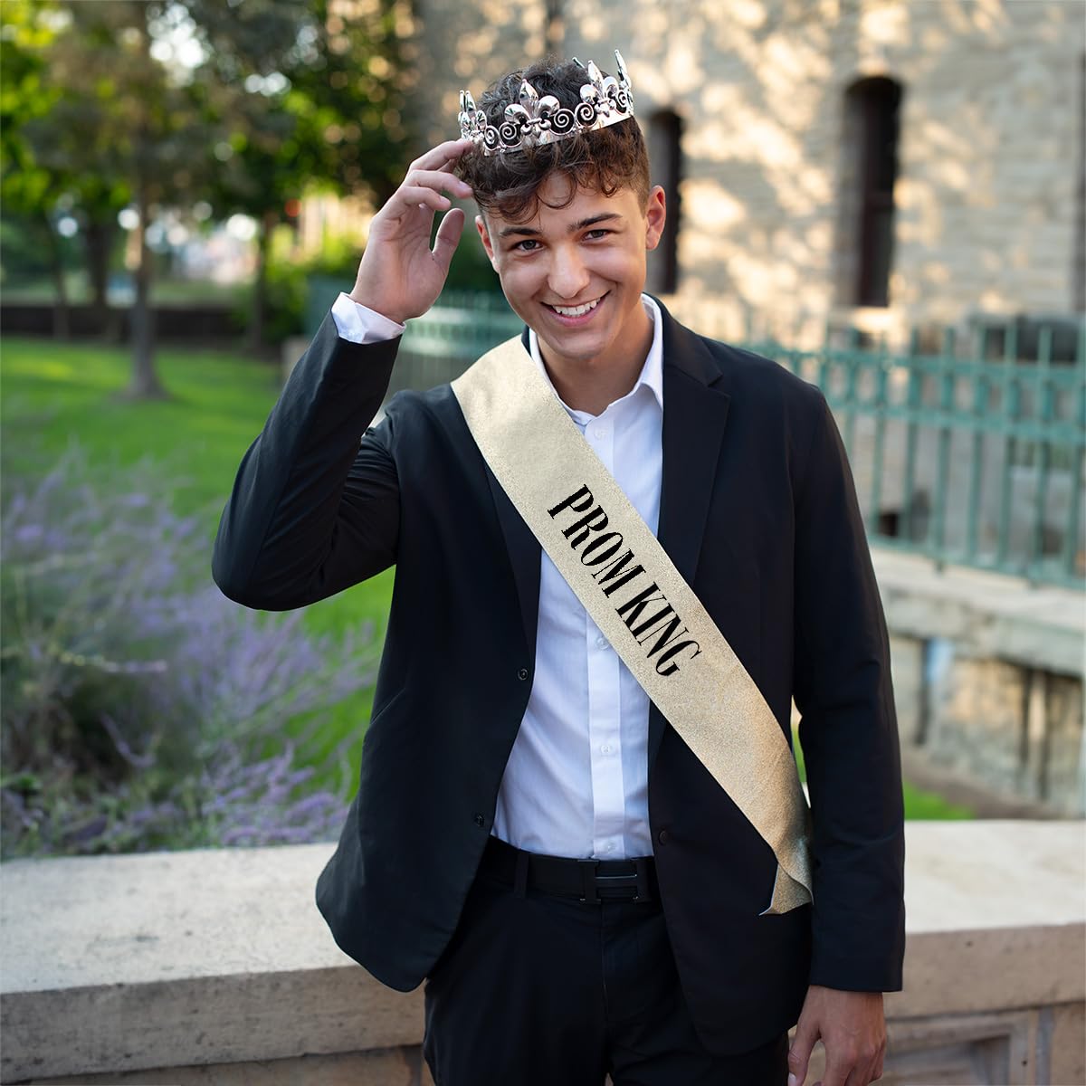 Anderson's Prom King Crown and Gold Glitter Sash Set, Silver Fleur-de-Lis King’s Crown & 3.75" x 62" Mess-Free Glitter Sash with Black Lettering for High School Coronation & Formal Events, 2 Piece Set - Image 7