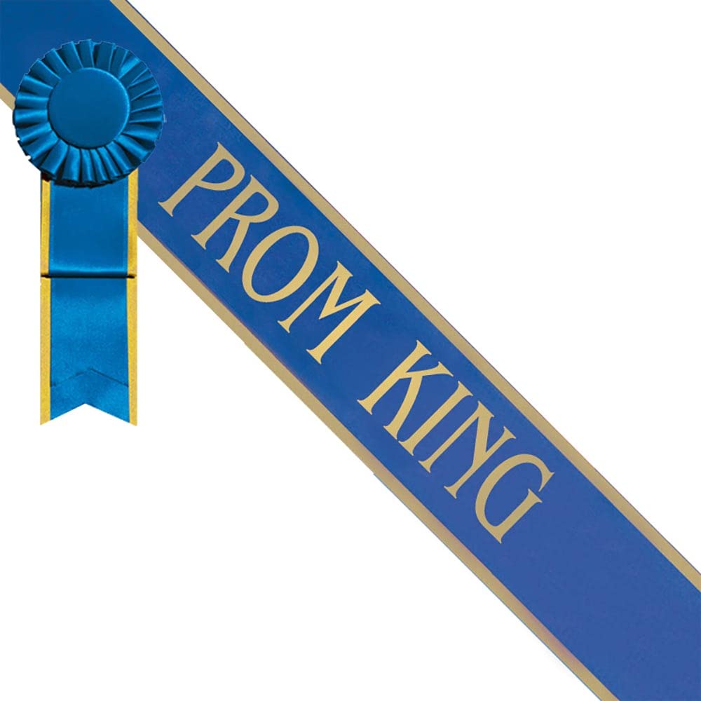 Anderson's Prom King Gold‑Edge Blue Satin Sash & Rosette Set with Gold Foil Lettering, 3" x 72" Royalty Sash and Matching Pin‑Back Rosette for High School Coronation & Formal Events