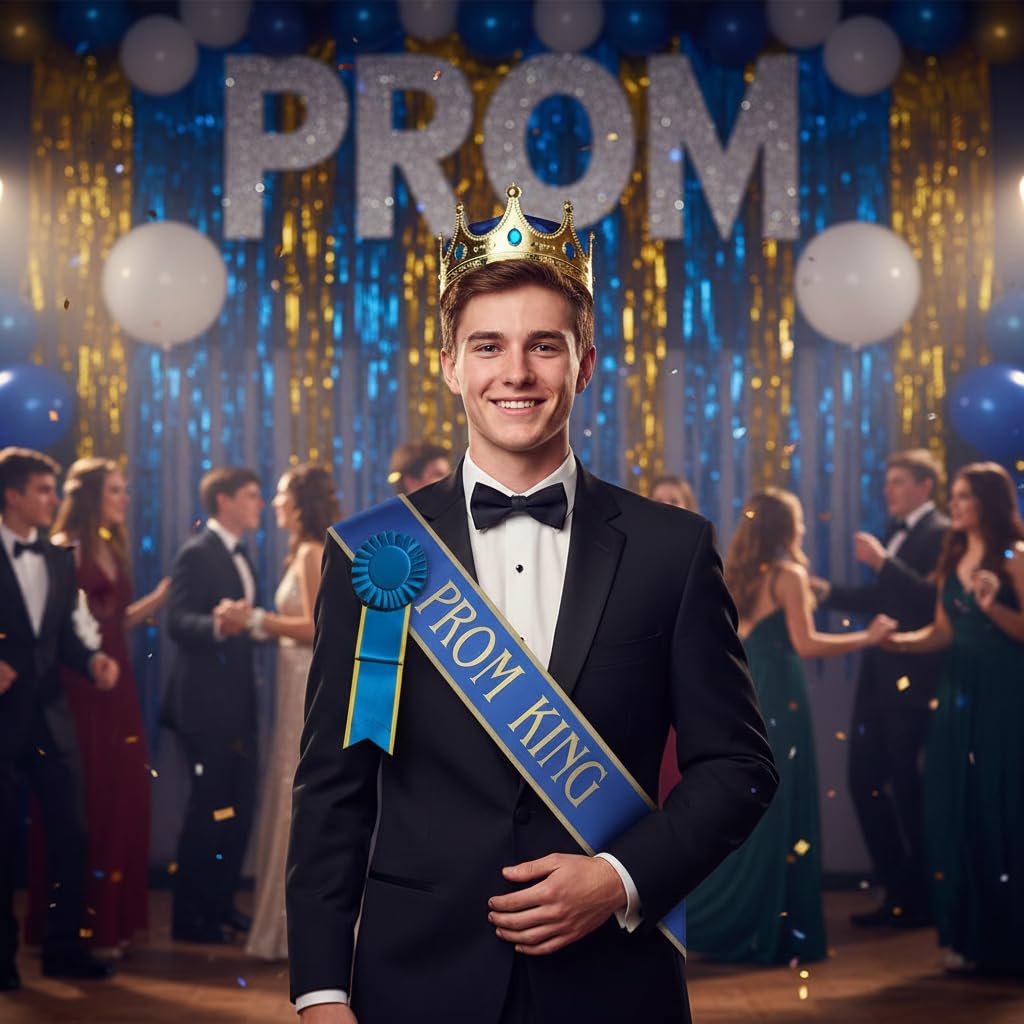Anderson's Prom King Gold‑Edge Blue Satin Sash & Rosette Set with Gold Foil Lettering, 3" x 72" Royalty Sash and Matching Pin‑Back Rosette for High School Coronation & Formal Events - Image 3