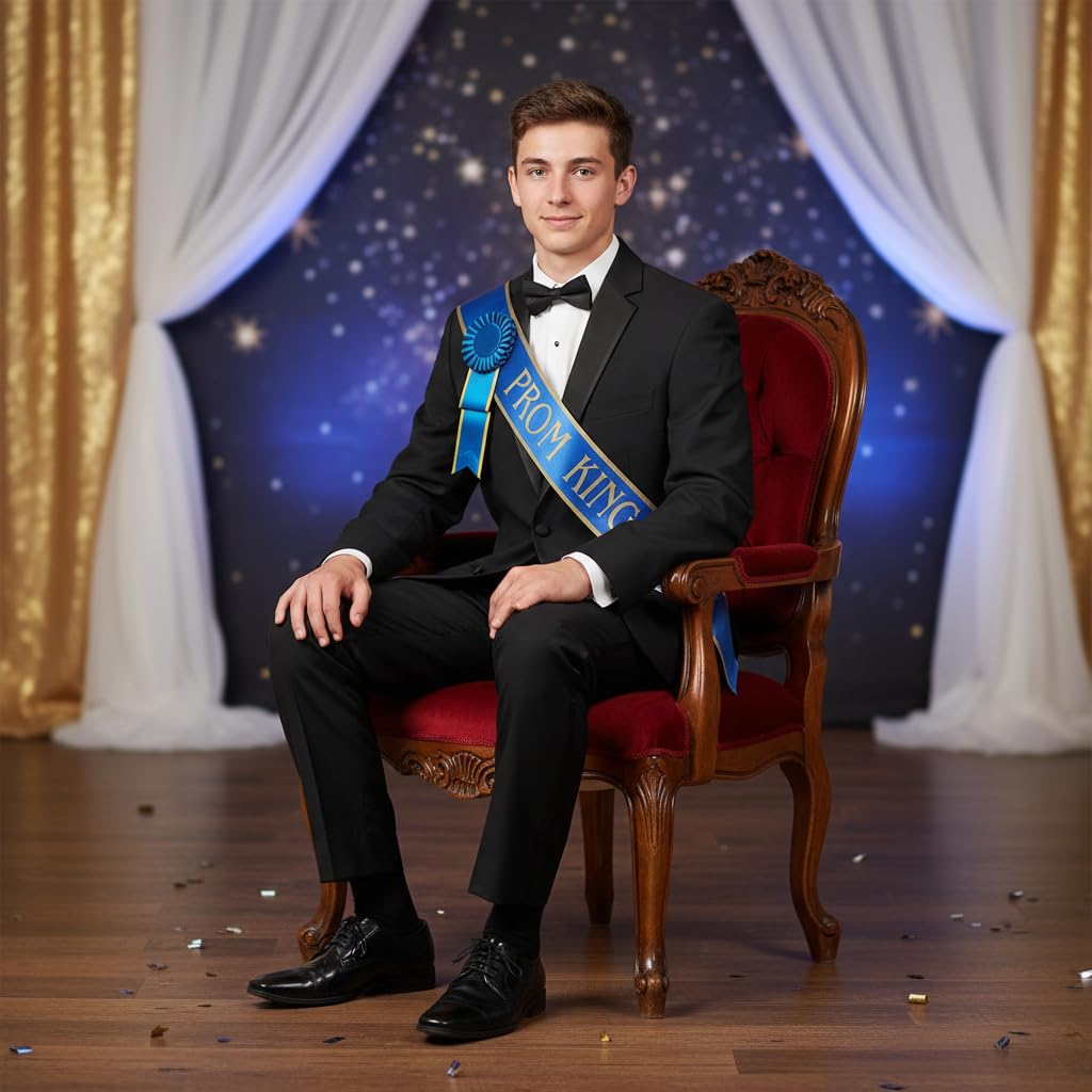 Anderson's Prom King Gold‑Edge Blue Satin Sash & Rosette Set with Gold Foil Lettering, 3" x 72" Royalty Sash and Matching Pin‑Back Rosette for High School Coronation & Formal Events - Image 4