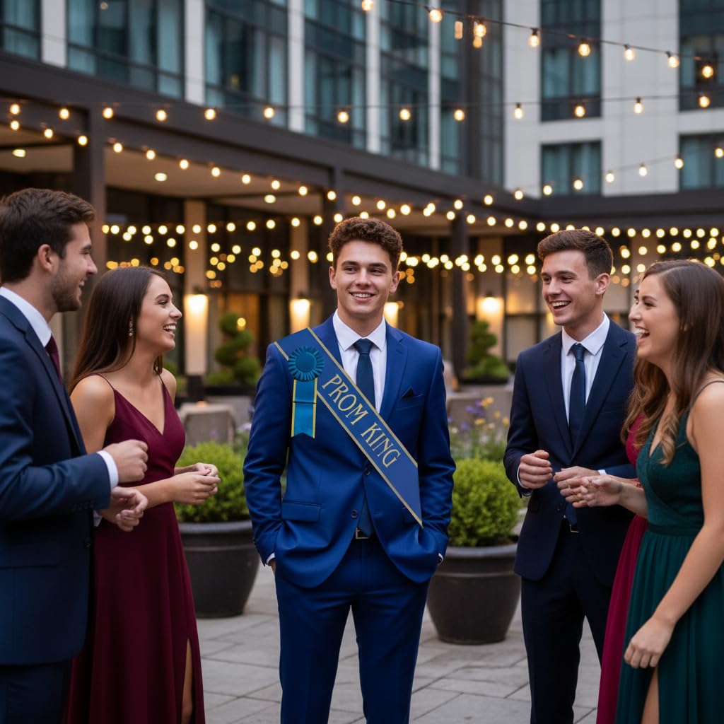 Anderson's Prom King Gold‑Edge Blue Satin Sash & Rosette Set with Gold Foil Lettering, 3" x 72" Royalty Sash and Matching Pin‑Back Rosette for High School Coronation & Formal Events - Image 5