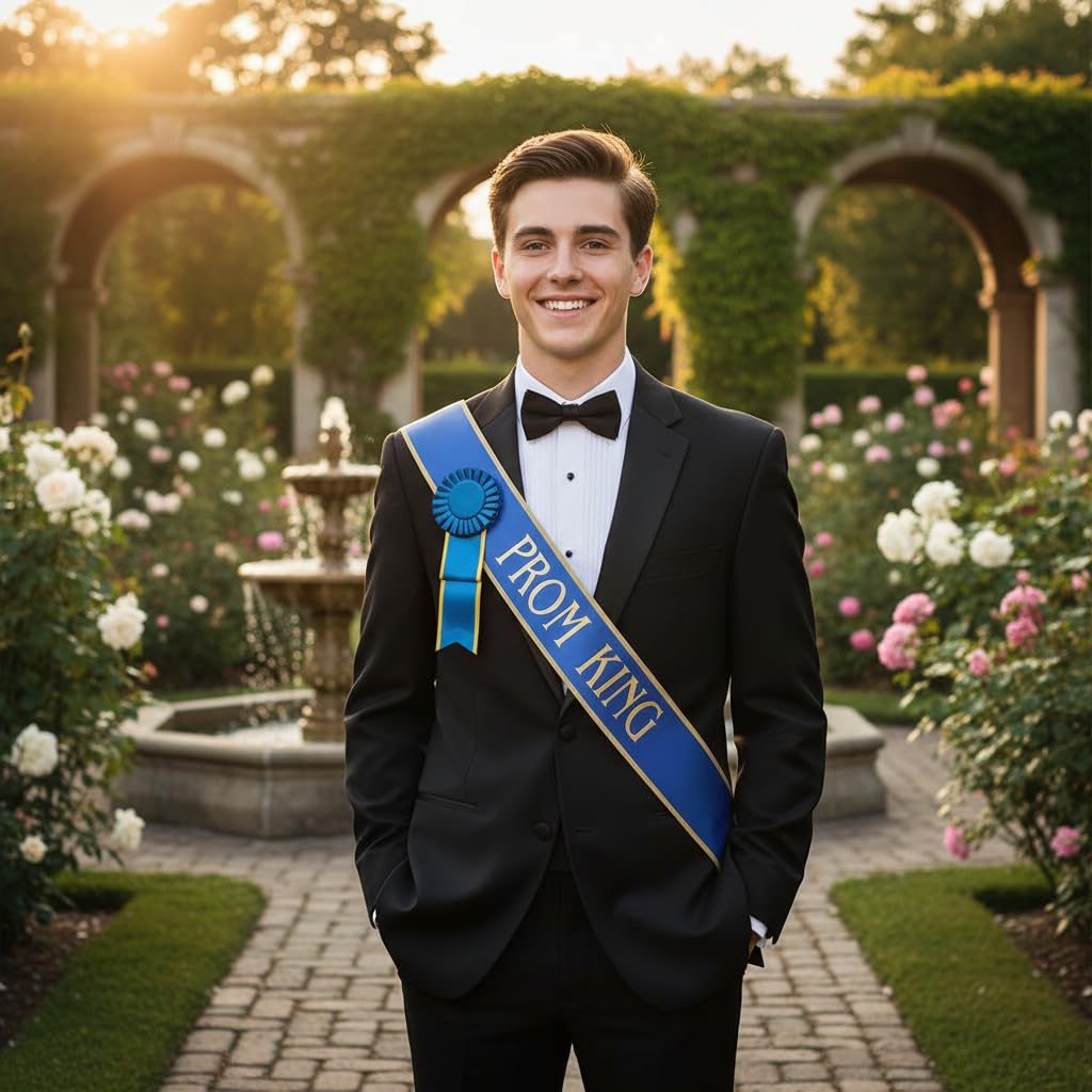 Anderson's Prom King Gold‑Edge Blue Satin Sash & Rosette Set with Gold Foil Lettering, 3" x 72" Royalty Sash and Matching Pin‑Back Rosette for High School Coronation & Formal Events - Image 6