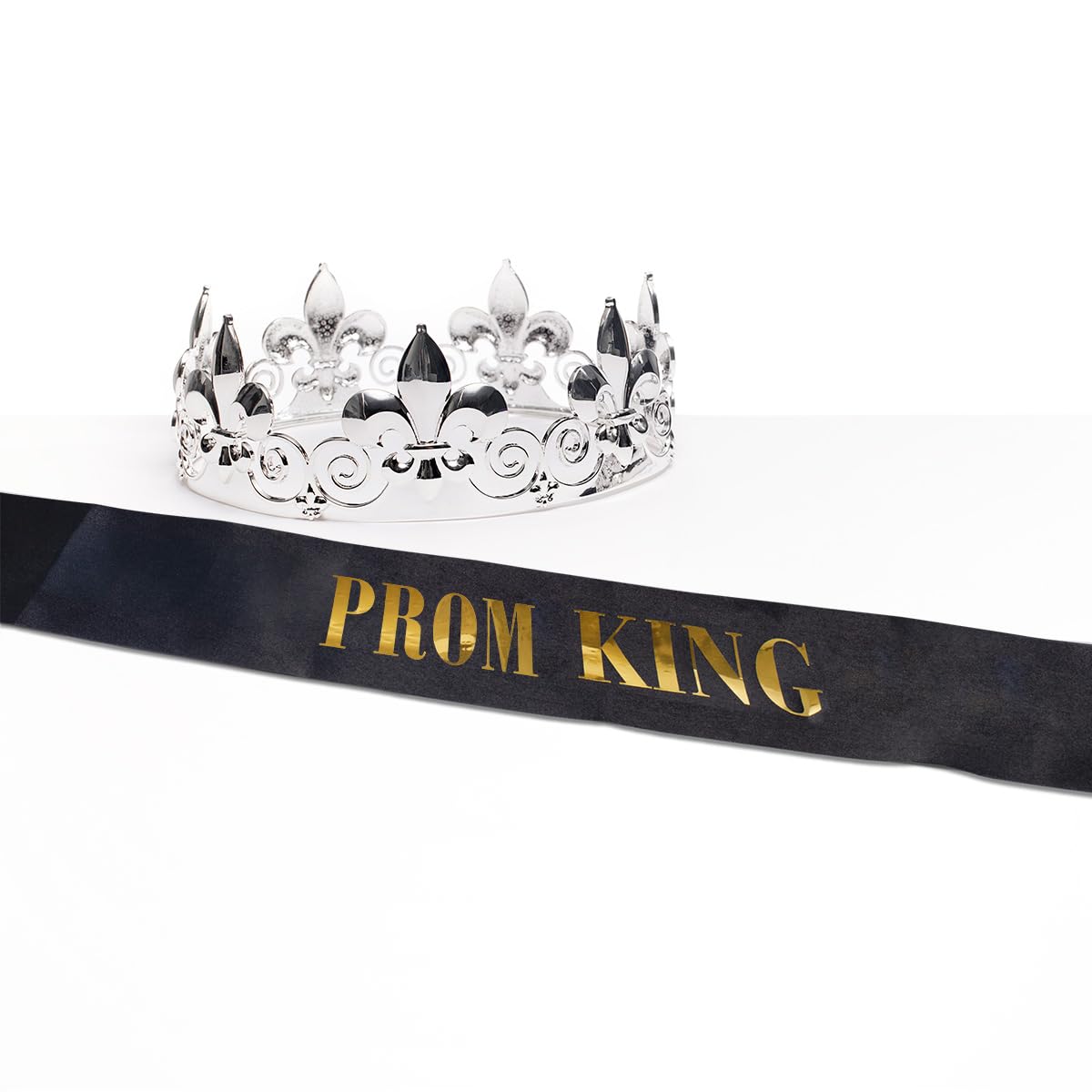 Anderson's Prom King Silver Crown & Black Satin Sash Set, Gold Foil Lettering, 2.25" Fleur‑de‑Lis Rhinestone Crown and 3.75" x 62" Royalty Sash for High School Coronation & Formal Events, 2 Piece Set