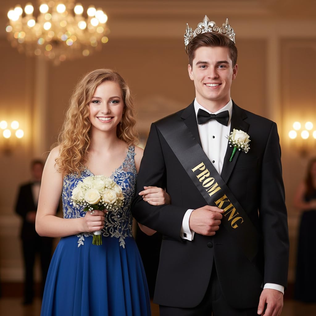 Anderson's Prom King Silver Crown & Black Satin Sash Set, Gold Foil Lettering, 2.25" Fleur‑de‑Lis Rhinestone Crown and 3.75" x 62" Royalty Sash for High School Coronation & Formal Events, 2 Piece Set - Image 2