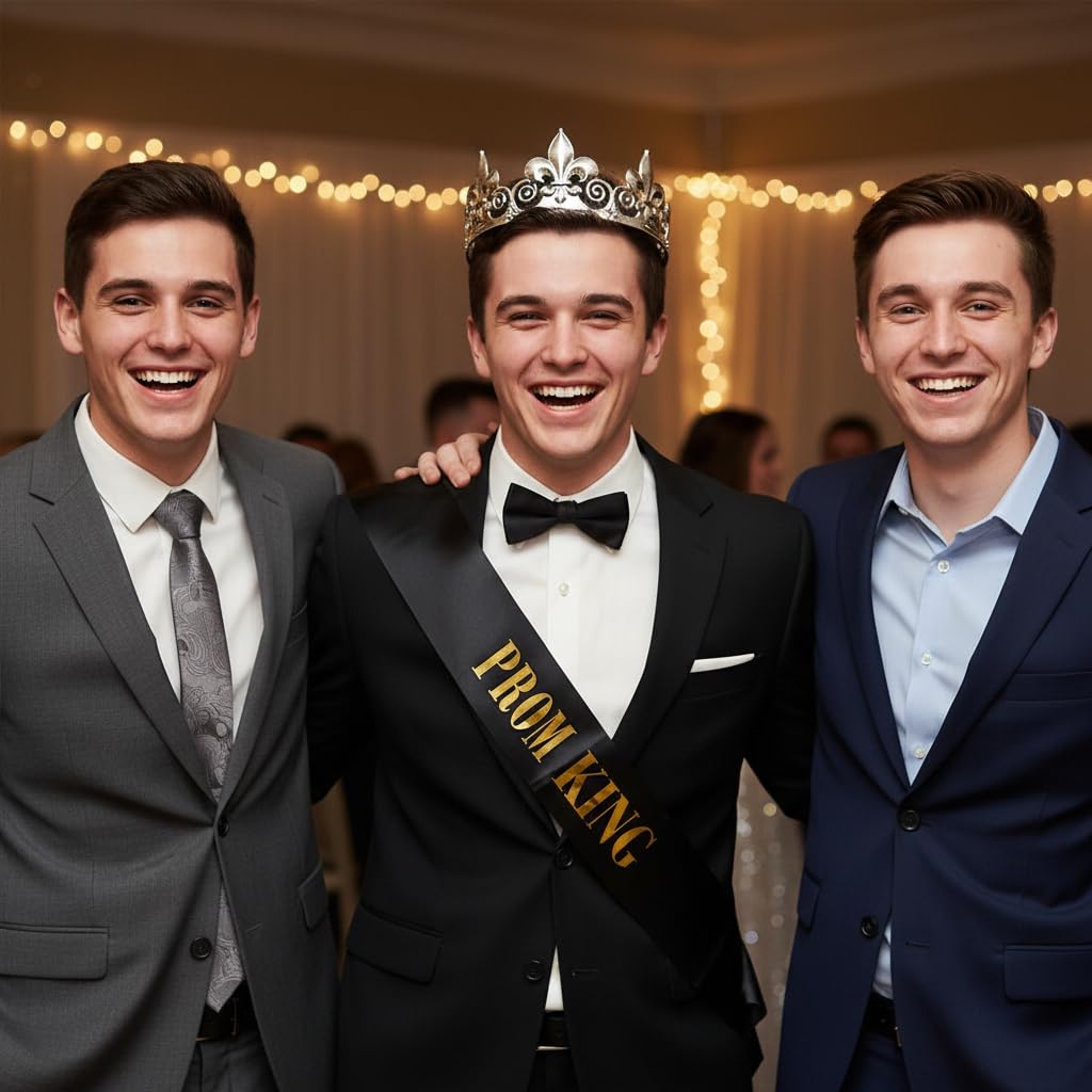 Anderson's Prom King Silver Crown & Black Satin Sash Set, Gold Foil Lettering, 2.25" Fleur‑de‑Lis Rhinestone Crown and 3.75" x 62" Royalty Sash for High School Coronation & Formal Events, 2 Piece Set - Image 3