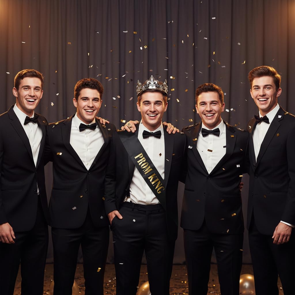 Anderson's Prom King Silver Crown & Black Satin Sash Set, Gold Foil Lettering, 2.25" Fleur‑de‑Lis Rhinestone Crown and 3.75" x 62" Royalty Sash for High School Coronation & Formal Events, 2 Piece Set - Image 4