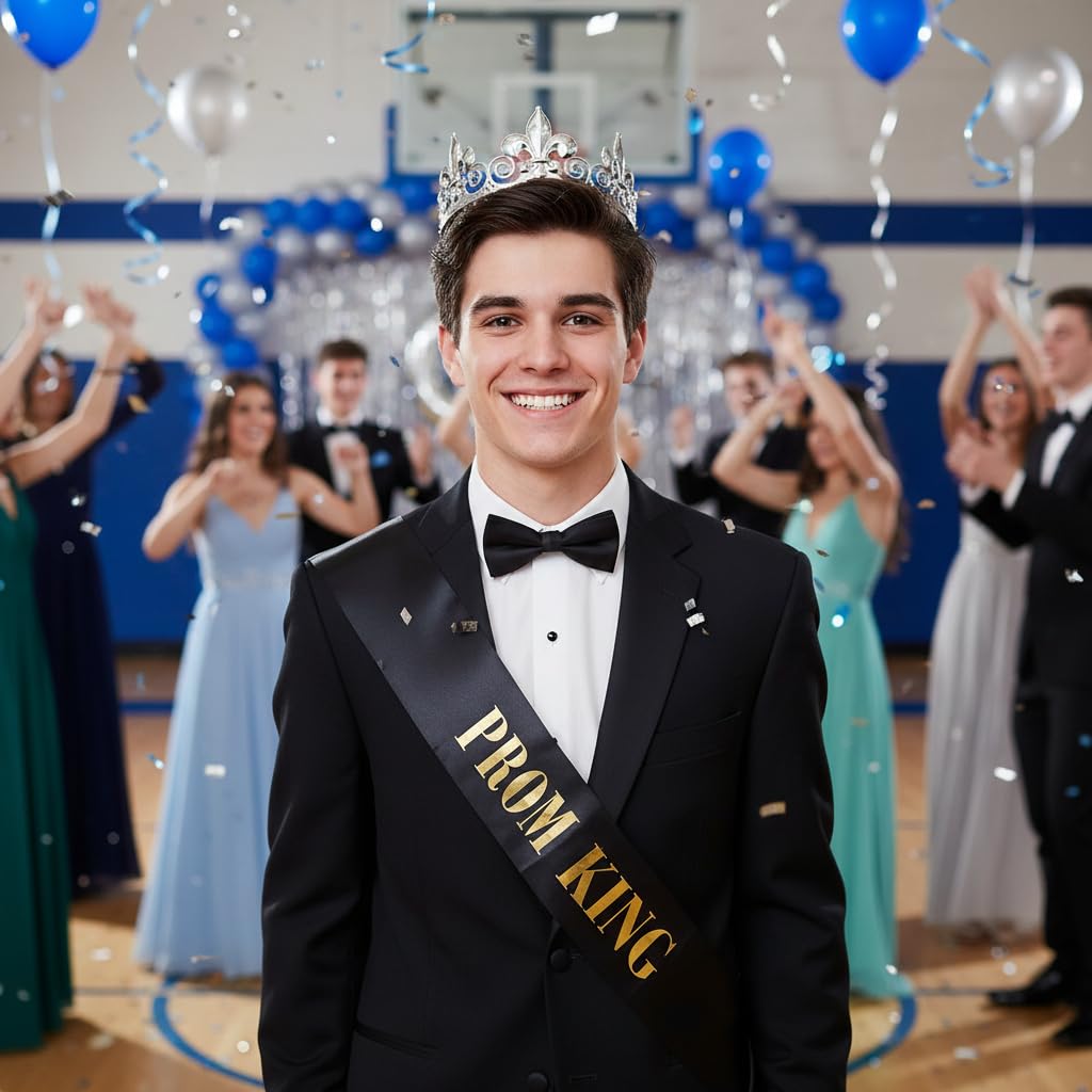 Anderson's Prom King Silver Crown & Black Satin Sash Set, Gold Foil Lettering, 2.25" Fleur‑de‑Lis Rhinestone Crown and 3.75" x 62" Royalty Sash for High School Coronation & Formal Events, 2 Piece Set - Image 6