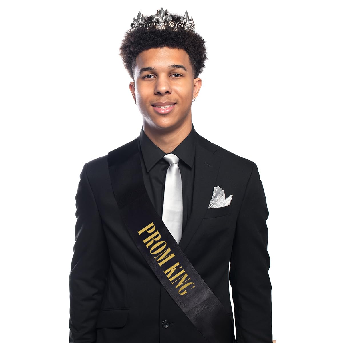 Anderson's Prom King Silver Crown & Black Satin Sash Set, Gold Foil Lettering, 2.25" Fleur‑de‑Lis Rhinestone Crown and 3.75" x 62" Royalty Sash for High School Coronation & Formal Events, 2 Piece Set - Image 7