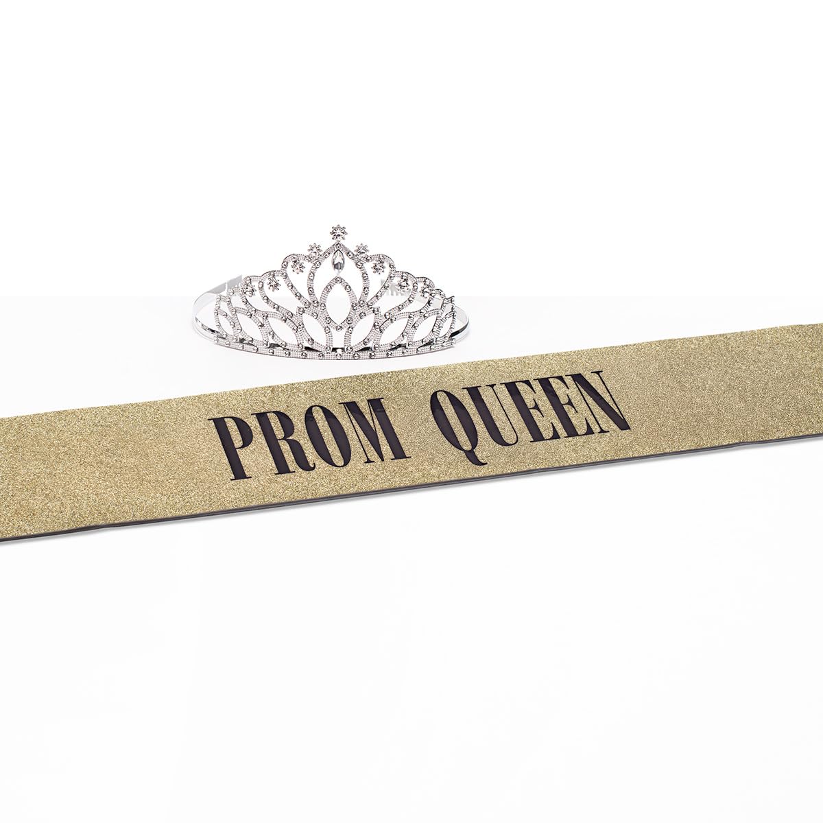 Anderson’s Prom Queen Taylor Tiara and Gold Glitter Sash Set, Black Lettering, Elegant Coronation Accessories and 3.75" x 62" Prom Queen Sash for High School Coronation, 2 Piece Set