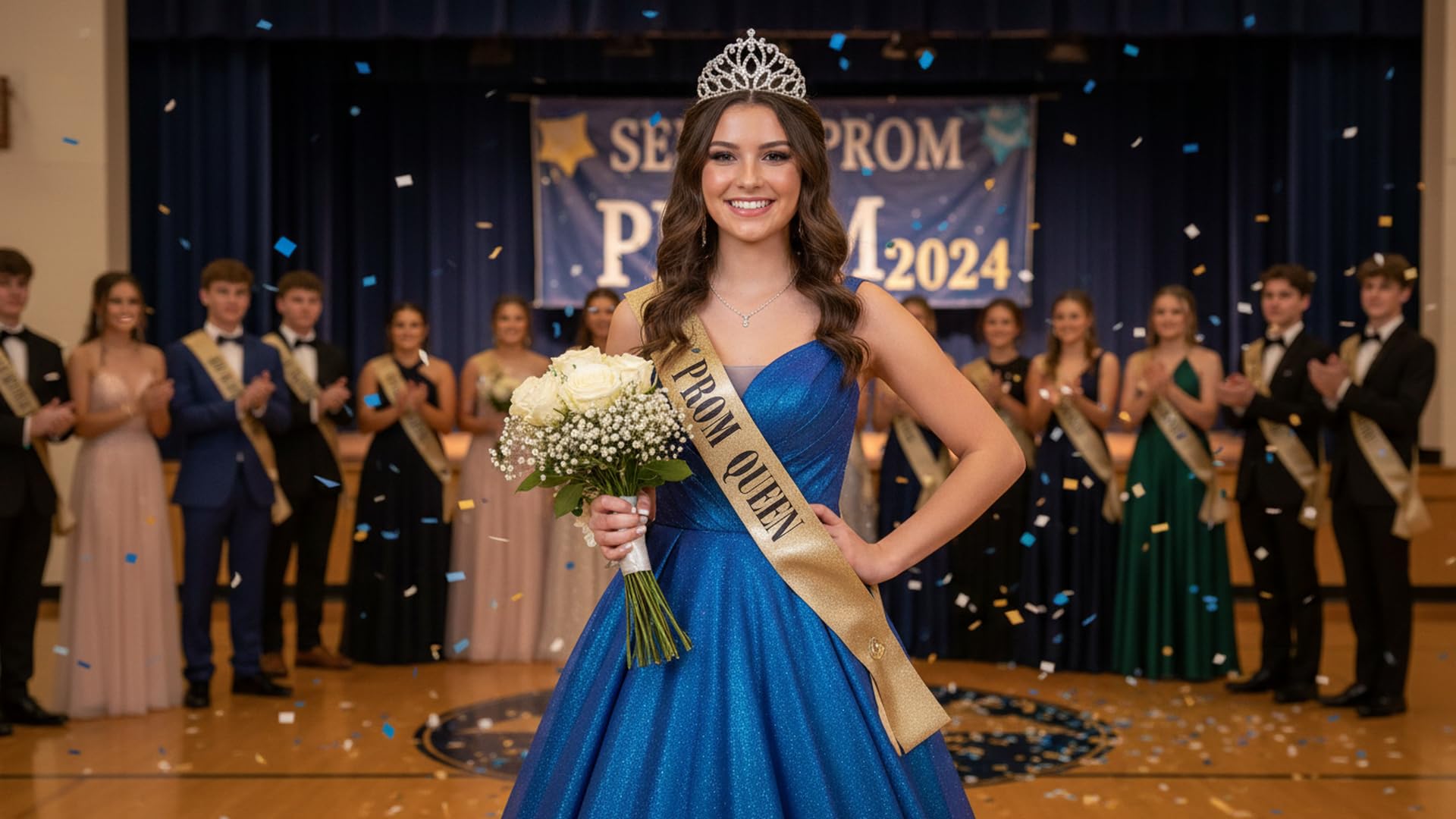 Anderson’s Prom Queen Taylor Tiara and Gold Glitter Sash Set, Black Lettering, Elegant Coronation Accessories and 3.75" x 62" Prom Queen Sash for High School Coronation, 2 Piece Set - Image 4