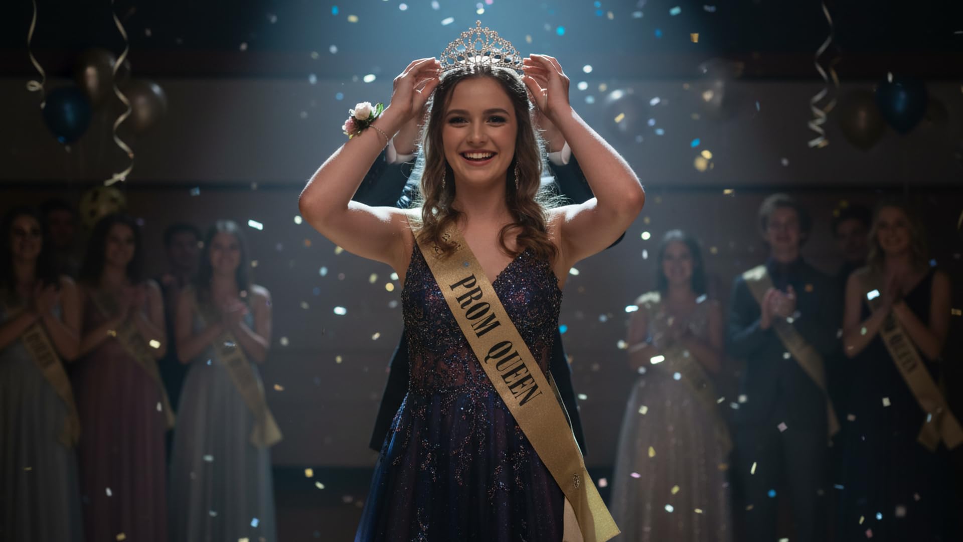 Anderson’s Prom Queen Taylor Tiara and Gold Glitter Sash Set, Black Lettering, Elegant Coronation Accessories and 3.75" x 62" Prom Queen Sash for High School Coronation, 2 Piece Set - Image 5