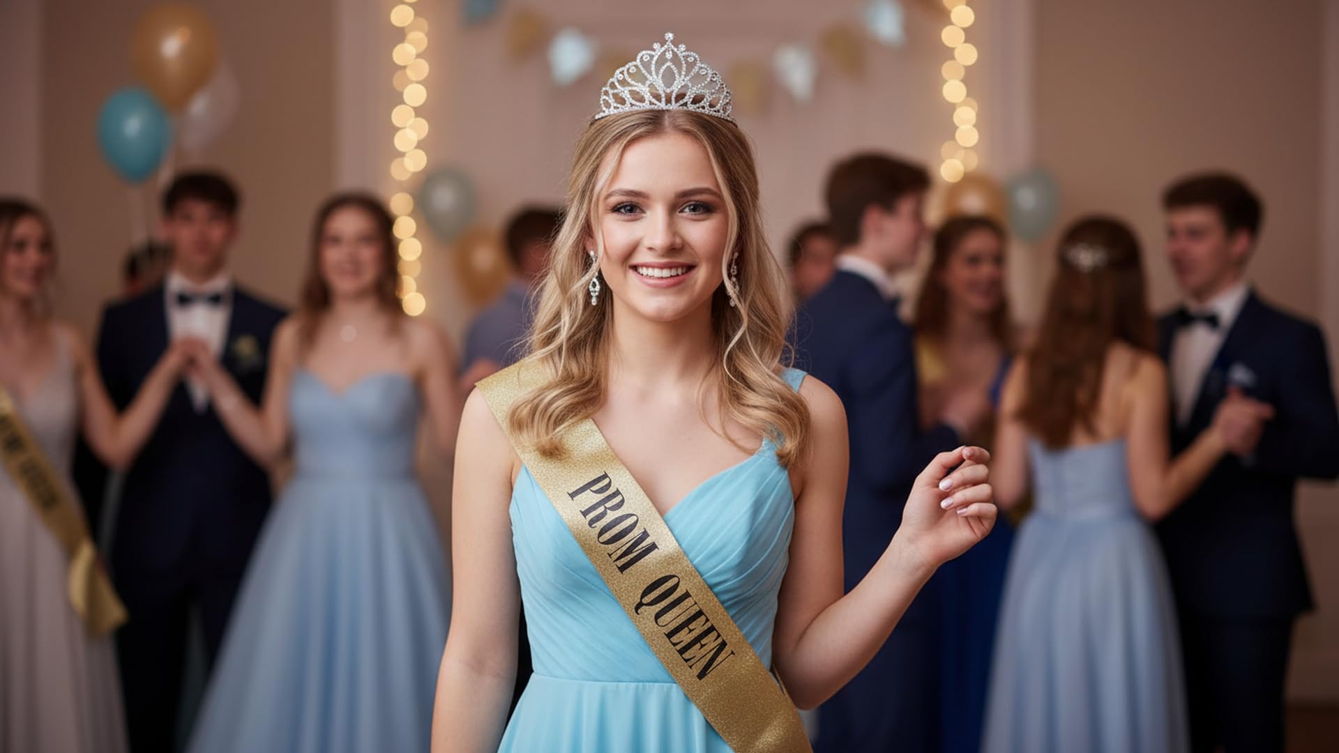 Anderson’s Prom Queen Taylor Tiara and Gold Glitter Sash Set, Black Lettering, Elegant Coronation Accessories and 3.75" x 62" Prom Queen Sash for High School Coronation, 2 Piece Set - Image 6