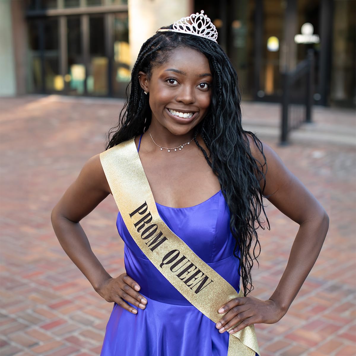 Anderson’s Prom Queen Taylor Tiara and Gold Glitter Sash Set, Black Lettering, Elegant Coronation Accessories and 3.75" x 62" Prom Queen Sash for High School Coronation, 2 Piece Set - Image 7