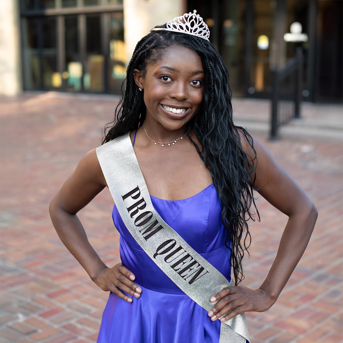 Anderson’s Prom Queen Taylor Tiara and Silver Glitter Sash Set, Black Lettering, Elegant Coronation Accessories and 3.75" x 62" Prom Queen Sash for High School Coronation, 2 Piece Set - Image 7
